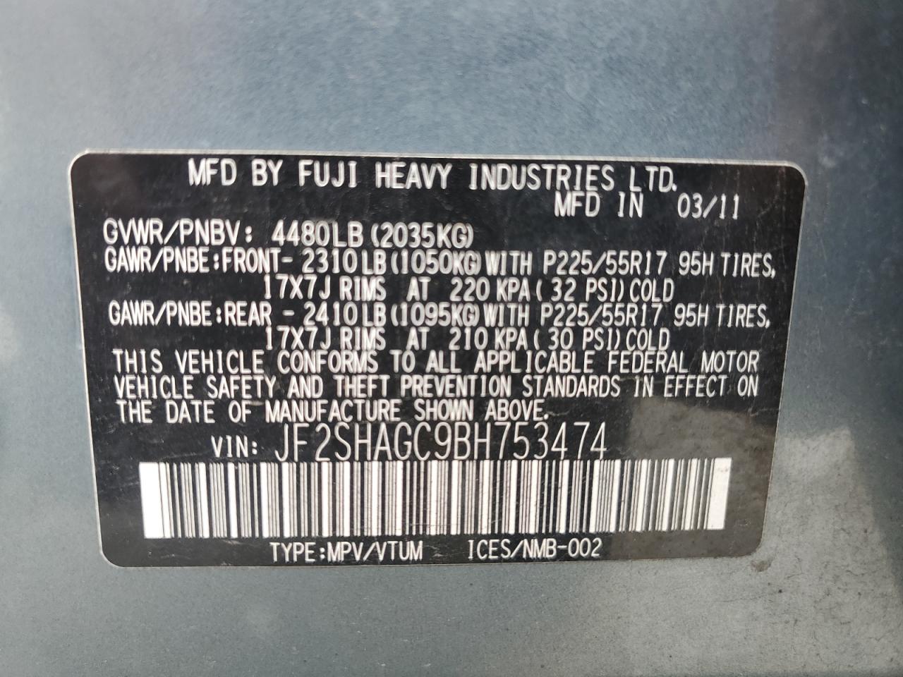 2011 Subaru Forester Touring VIN: JF2SHAGC9BH753474 Lot: 63514775