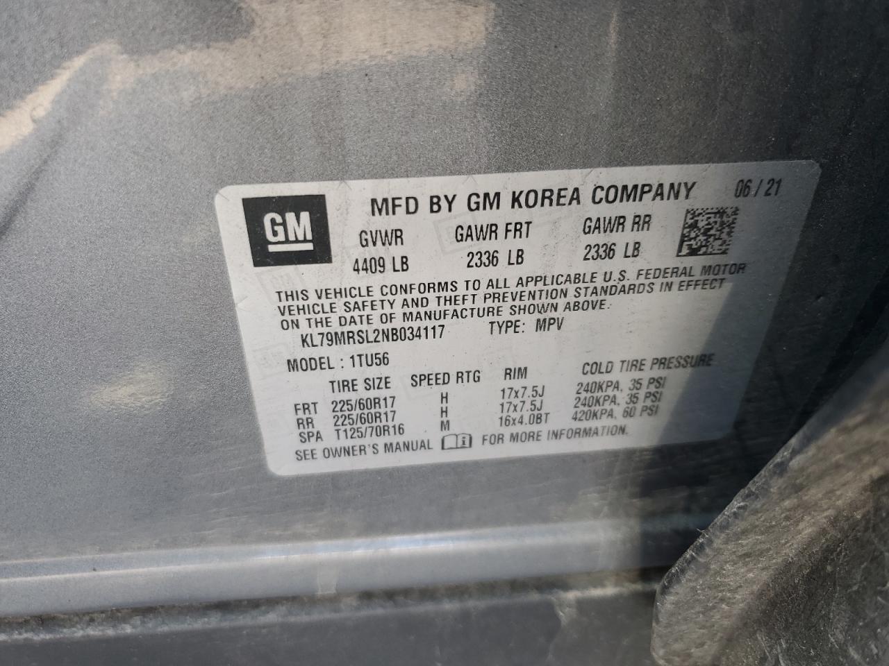 2022 Chevrolet Trailblazer Lt VIN: KL79MRSL2NB034117 Lot: 67282415