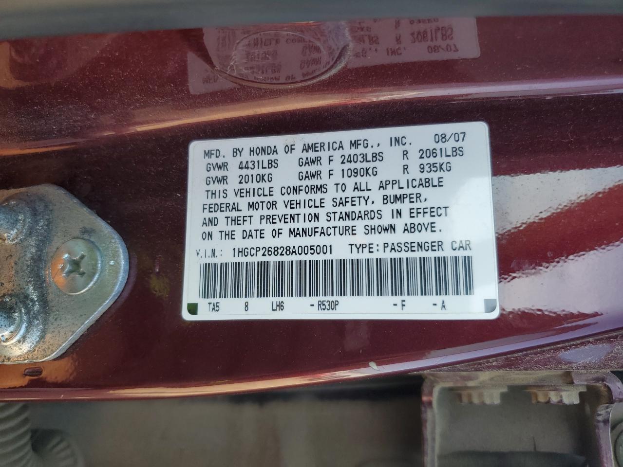 2008 Honda Accord Exl VIN: 1HGCP26828A005001 Lot: 65706665