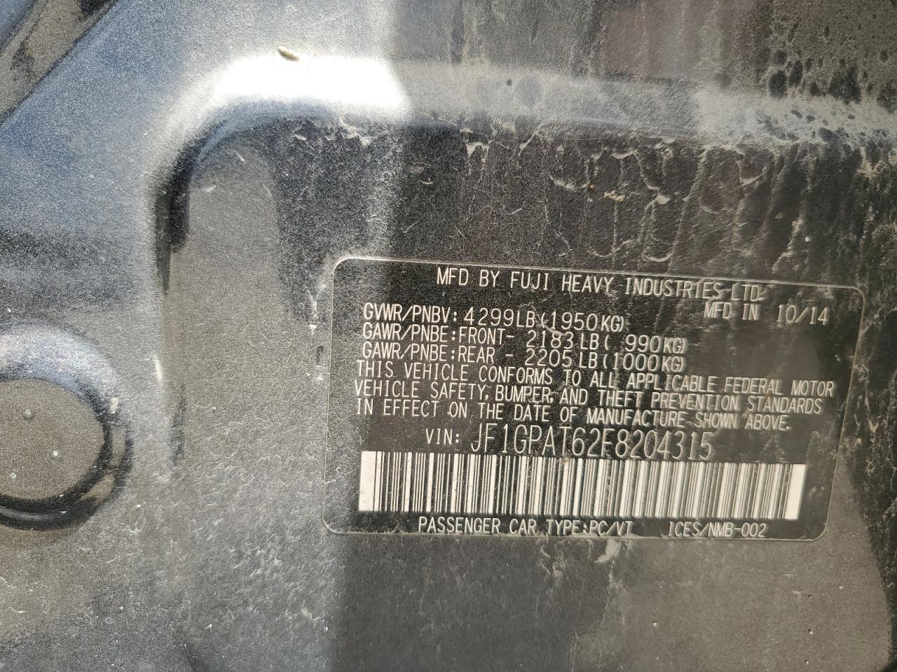 2015 Subaru Impreza Sport VIN: JF1GPAT62F8204315 Lot: 64303135
