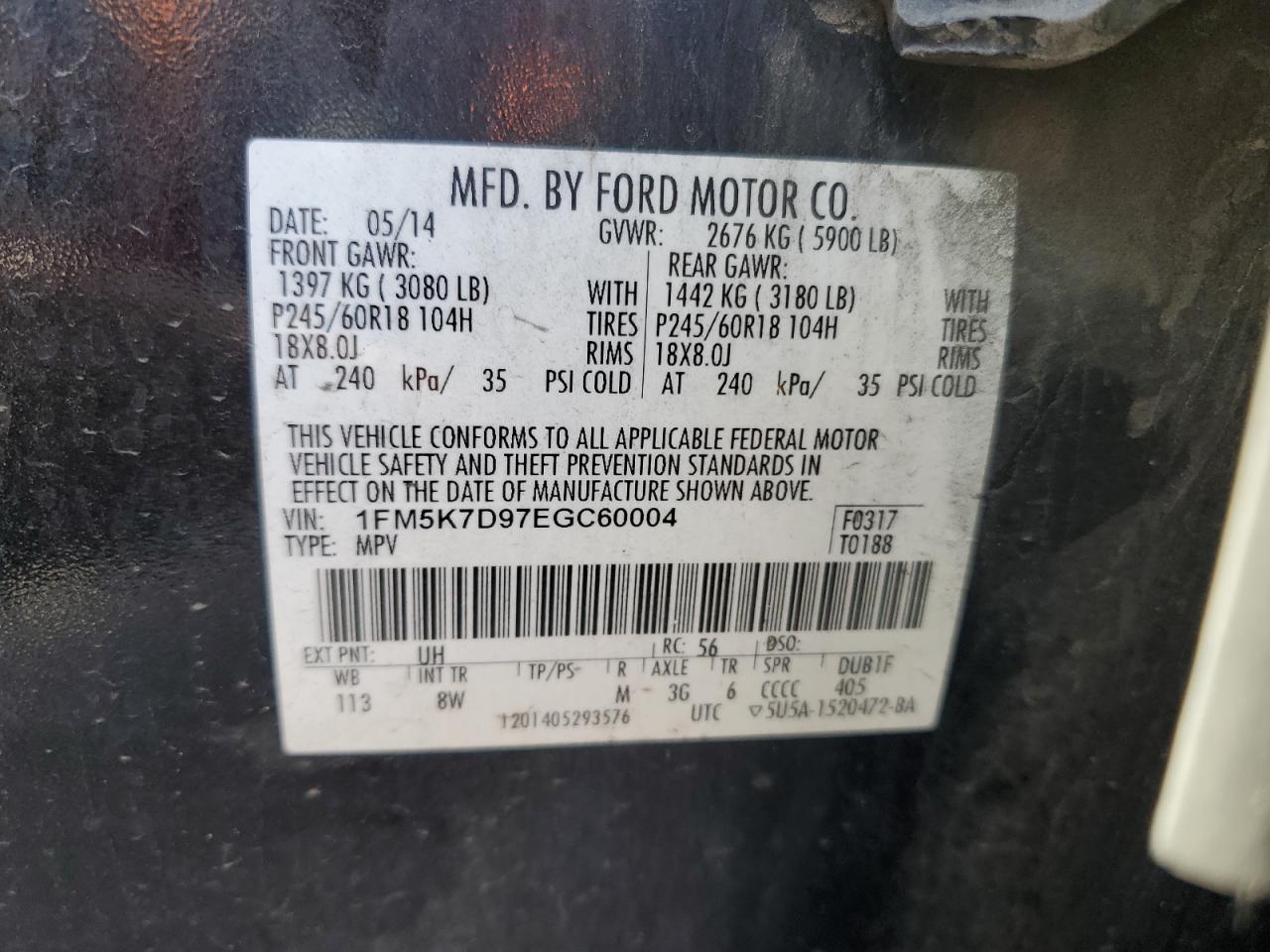 2014 Ford Explorer Xlt VIN: 1FM5K7D97EGC60004 Lot: 84524835