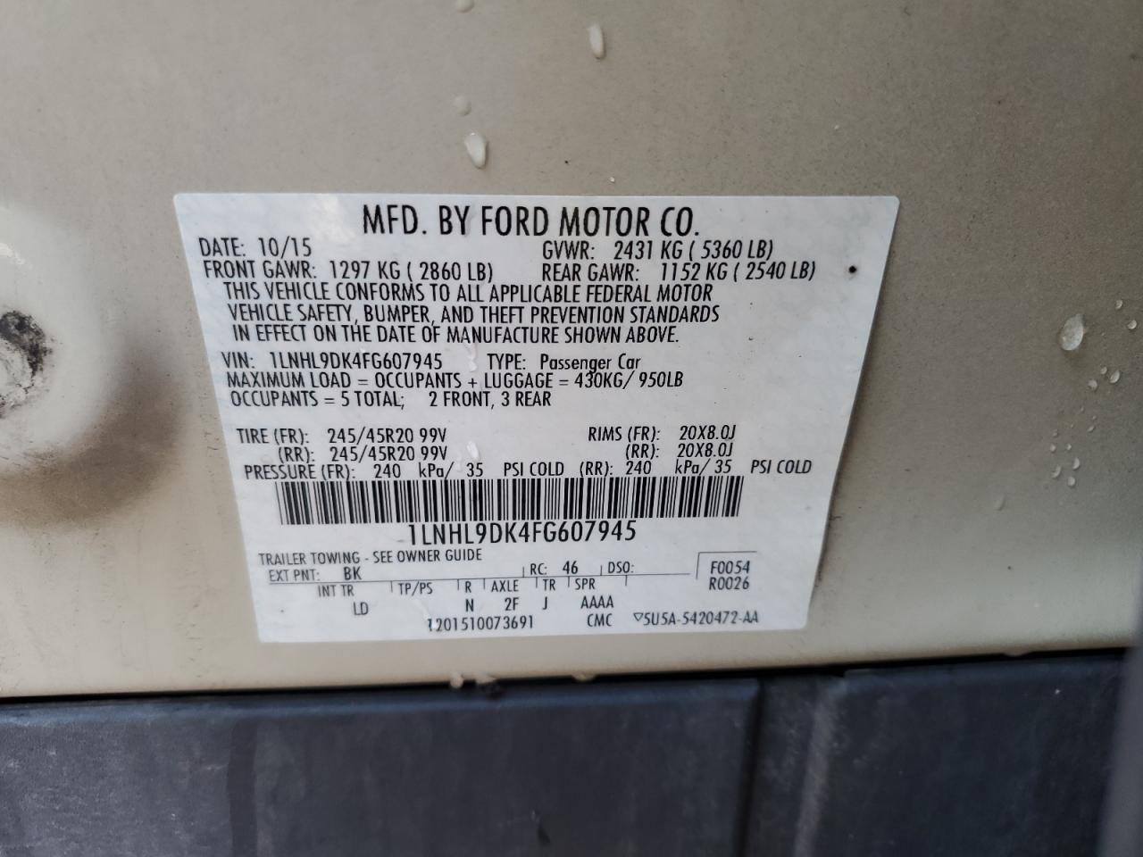 2015 Lincoln Mks VIN: 1LNHL9DK4FG607945 Lot: 59343945