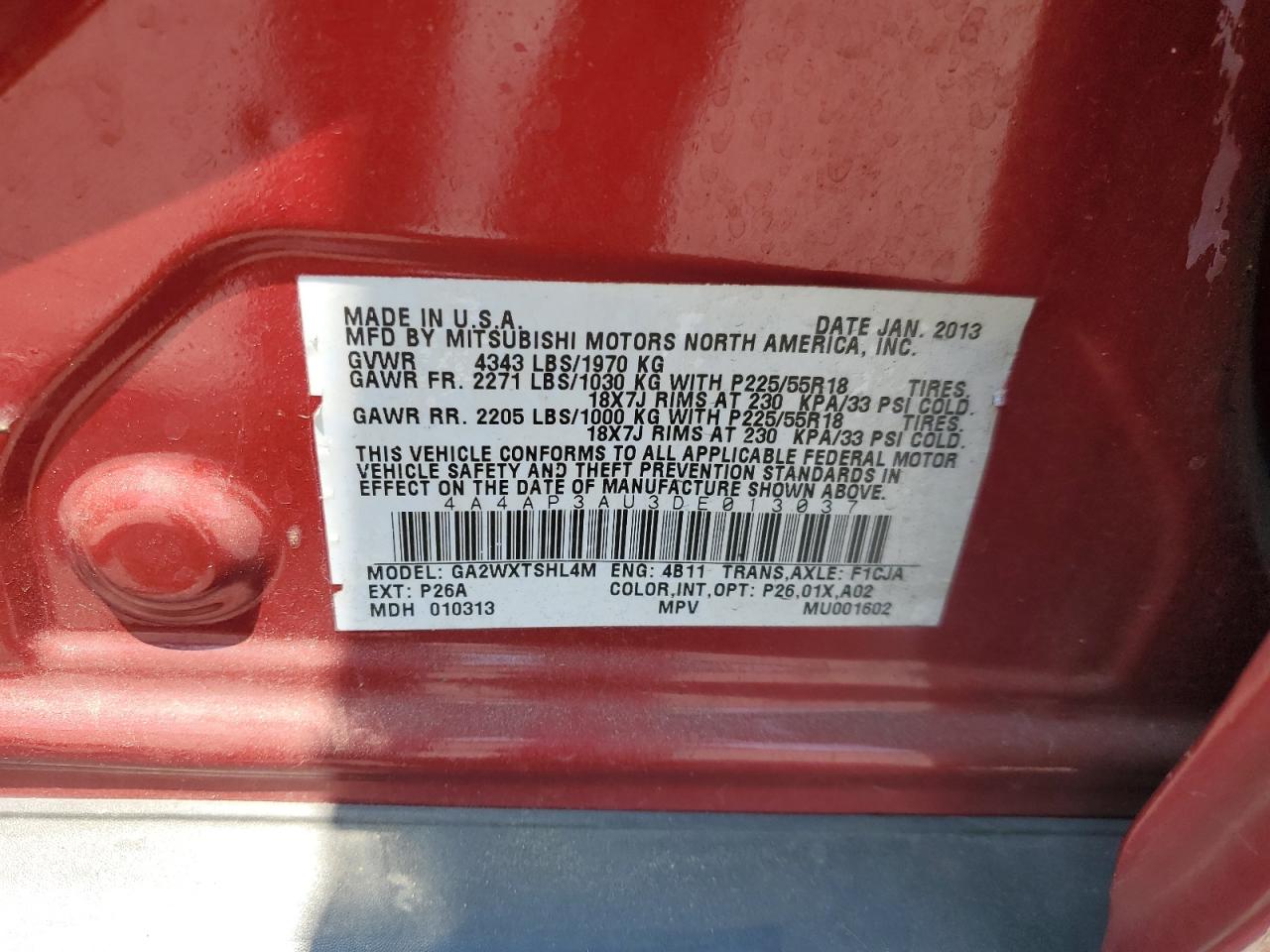 2013 Mitsubishi Outlander Sport Es VIN: 4A4AP3AU3DE013037 Lot: 64810345