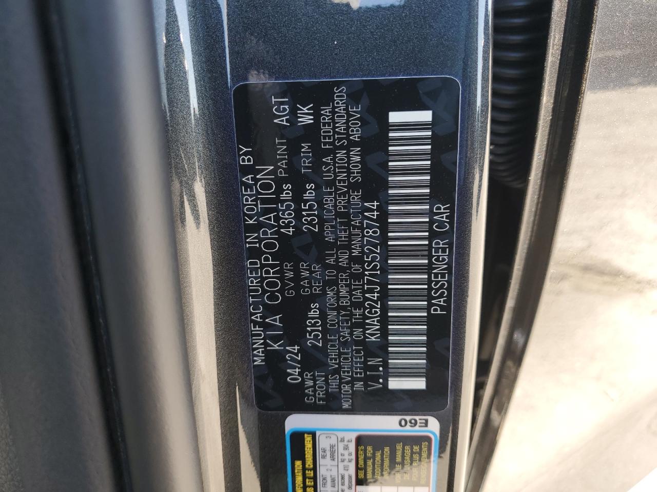 2025 Kia K5 Lxs VIN: KNAG24J71S5278744 Lot: 64247525