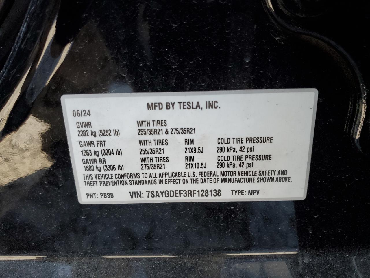 2024 Tesla Model Y VIN: 7SAYGDEF3RF128138 Lot: 64607075