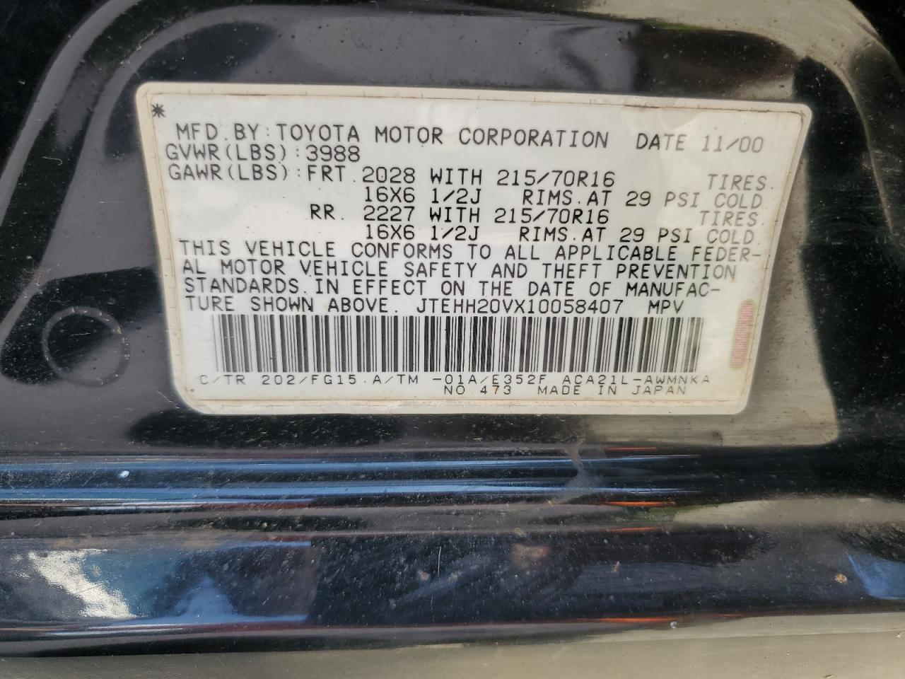 2001 Toyota Rav4 VIN: JTEHH20VX10058407 Lot: 65074325