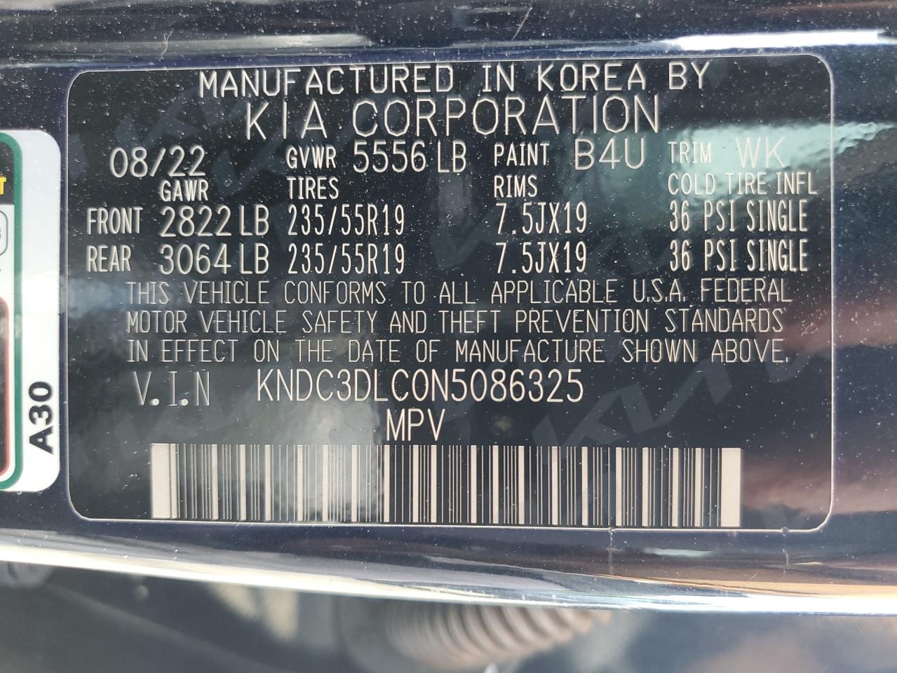 2022 Kia Ev6 Light VIN: KNDC3DLC0N5086325 Lot: 64505515