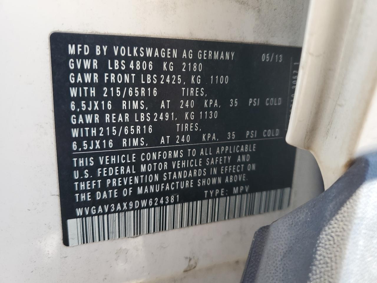 2013 Volkswagen Tiguan S VIN: WVGAV3AX9DW624381 Lot: 63289145