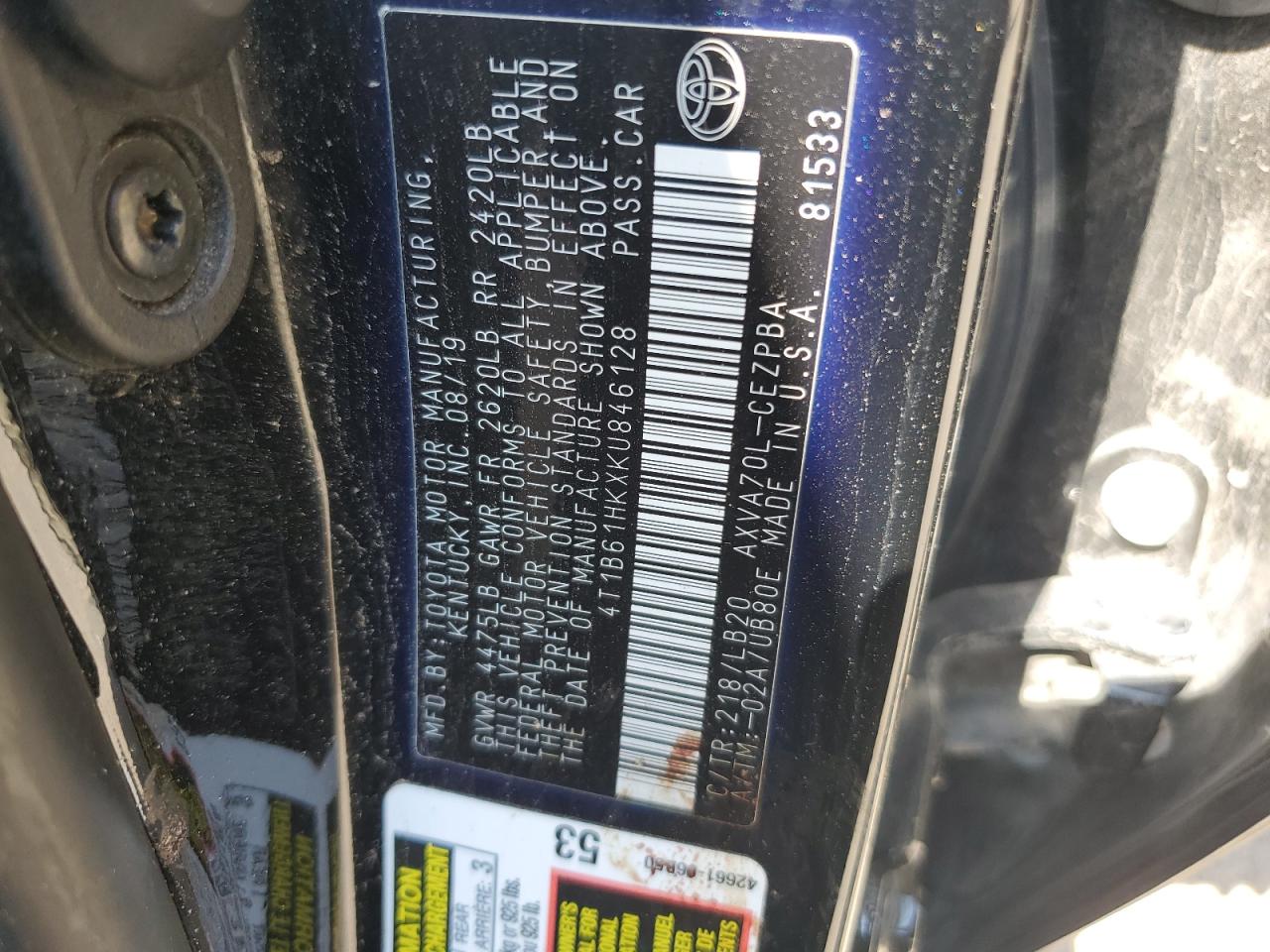 2019 Toyota Camry Xse VIN: 4T1B61HKXKU846128 Lot: 65191035