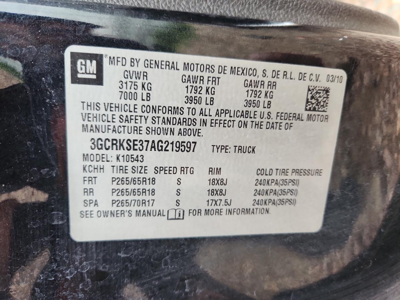 2010 Chevrolet Silverado K1500 Lt VIN: 3GCRKSE37AG219597 Lot: 65346255