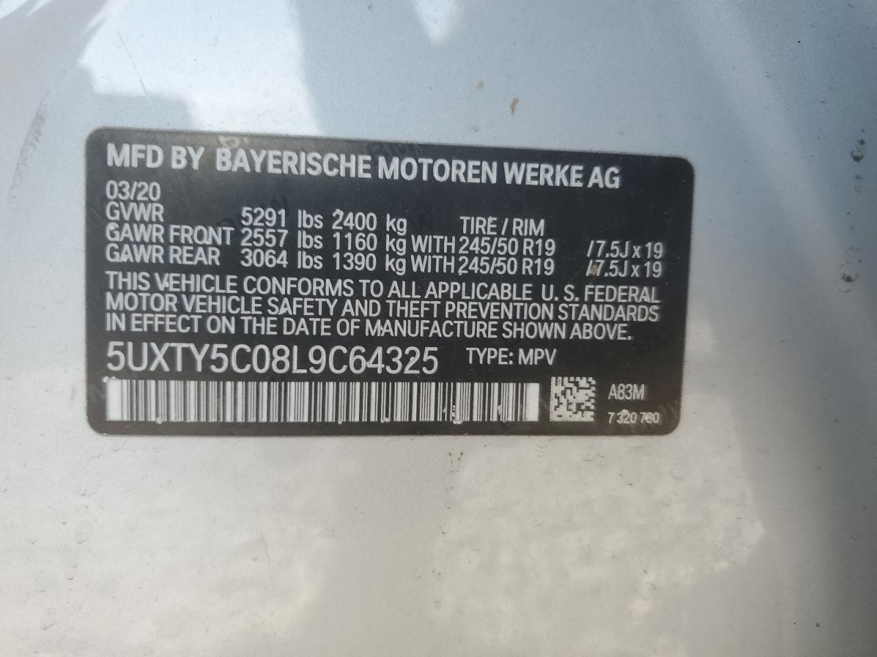 2020 BMW X3 xDrive30I VIN: 5UXTY5C08L9C64325 Lot: 64308095