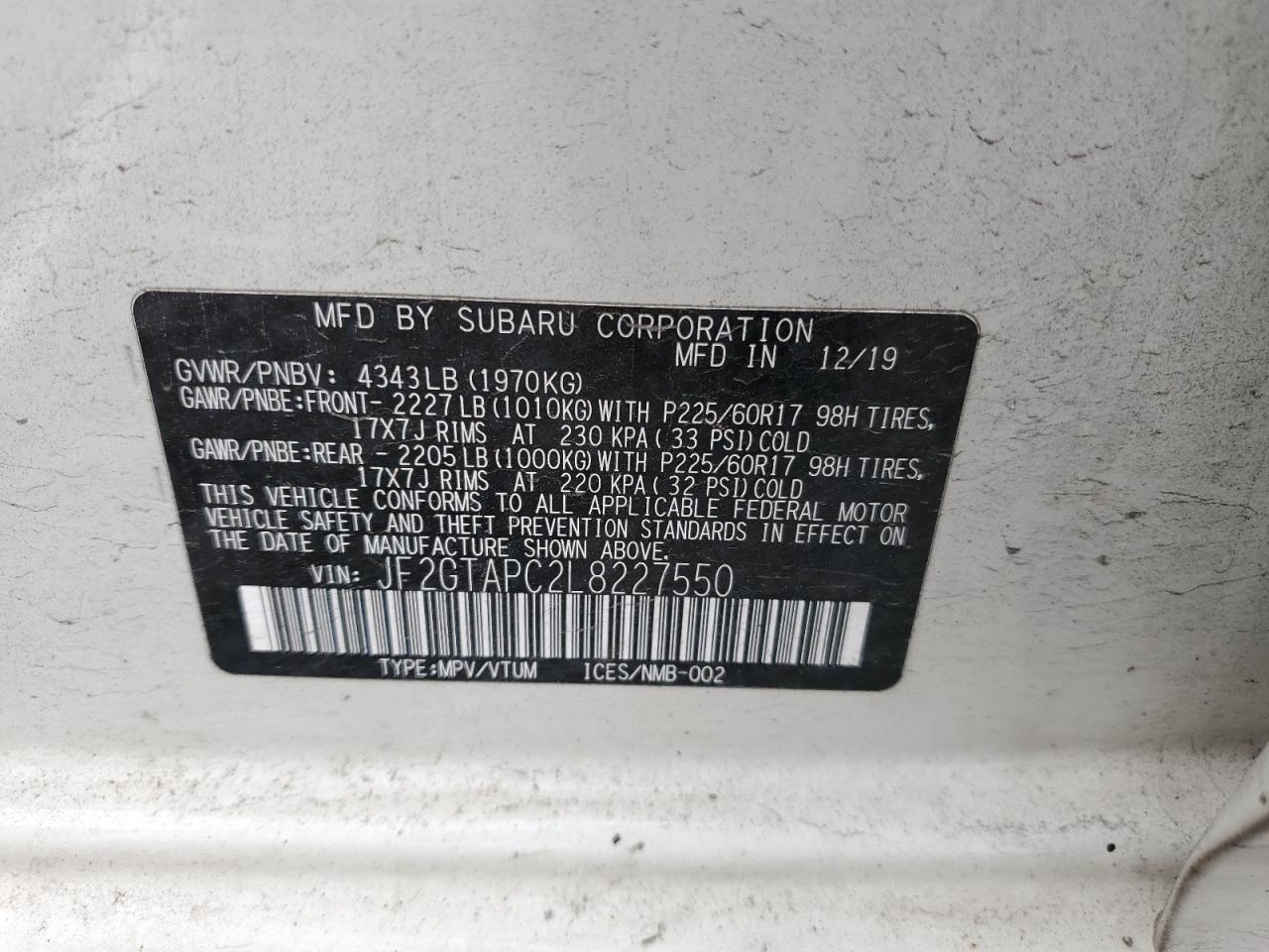 2020 Subaru Crosstrek Premium VIN: JF2GTAPC2L8227550 Lot: 65214765