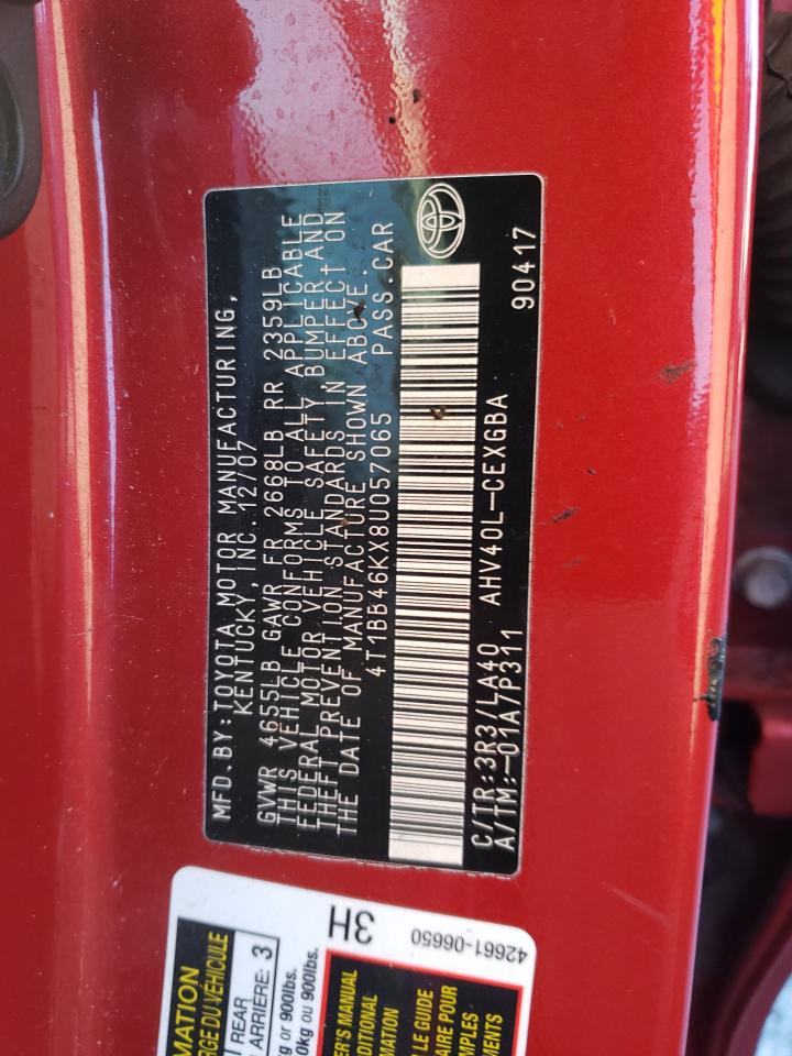 2008 Toyota Camry Hybrid VIN: 4T1BB46KX8U057065 Lot: 65160915