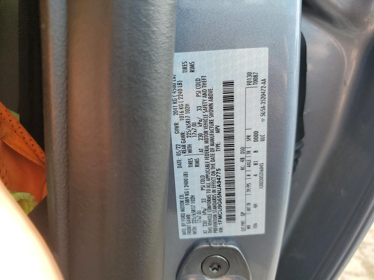2022 Ford Escape Se VIN: 1FMCU9G65NUA94775 Lot: 65541135
