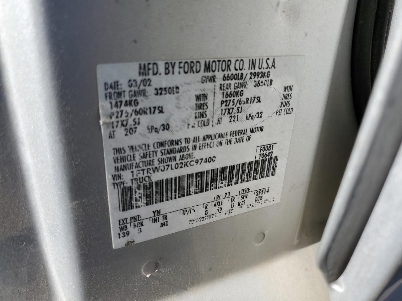2002 Ford F150 Supercrew VIN: 1FTRW07L02KC97400 Lot: 64223215