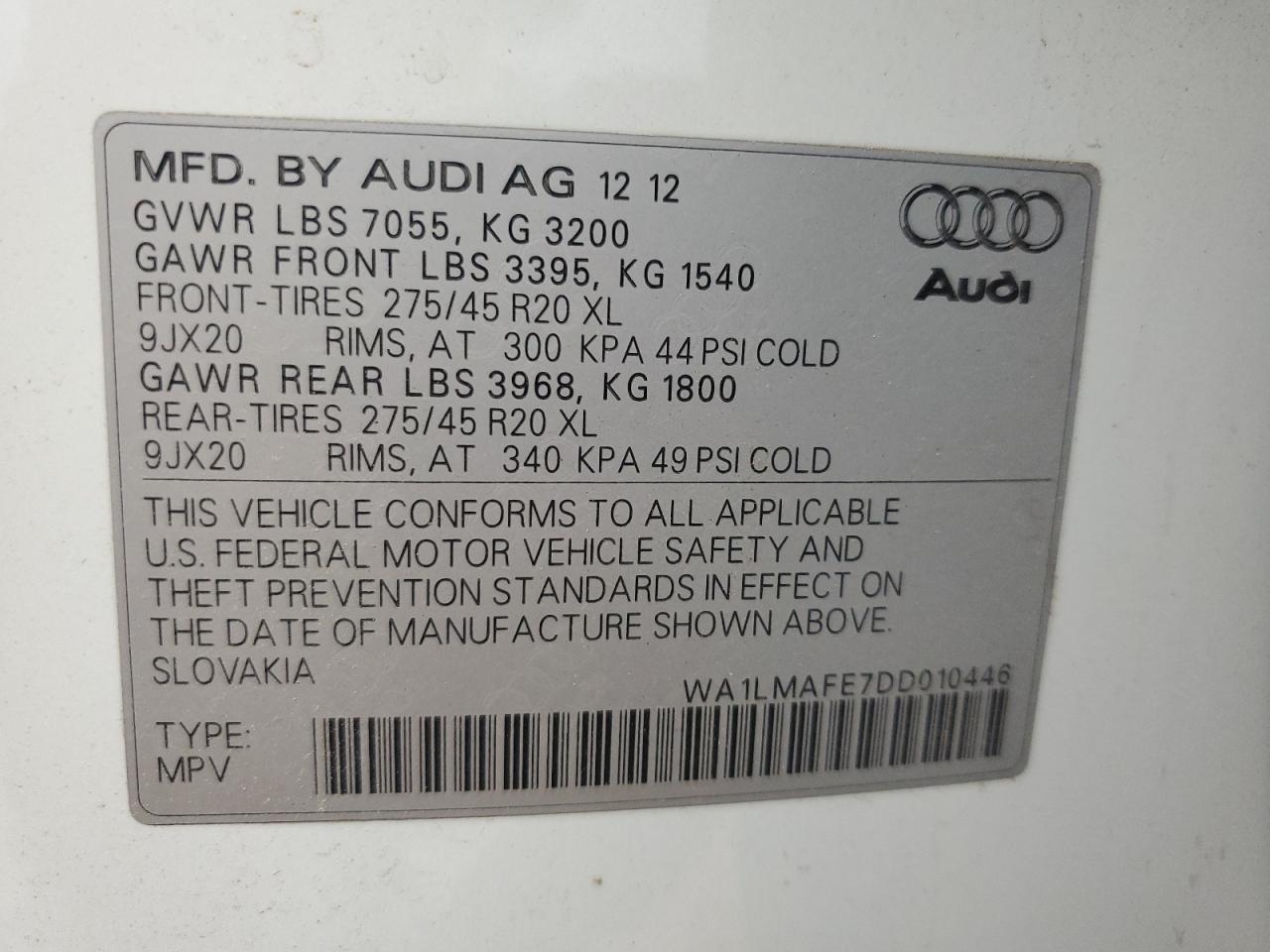 2013 Audi Q7 Premium Plus VIN: WA1LMAFE7DD010446 Lot: 63169825