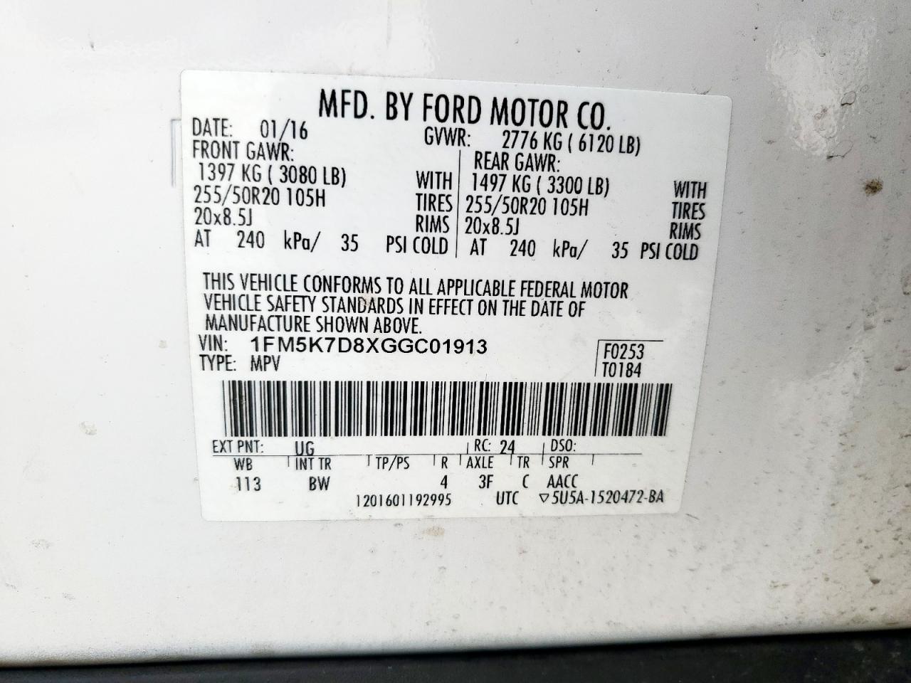 2016 Ford Explorer Xlt VIN: 1FM5K7D8XGGC01913 Lot: 63598715