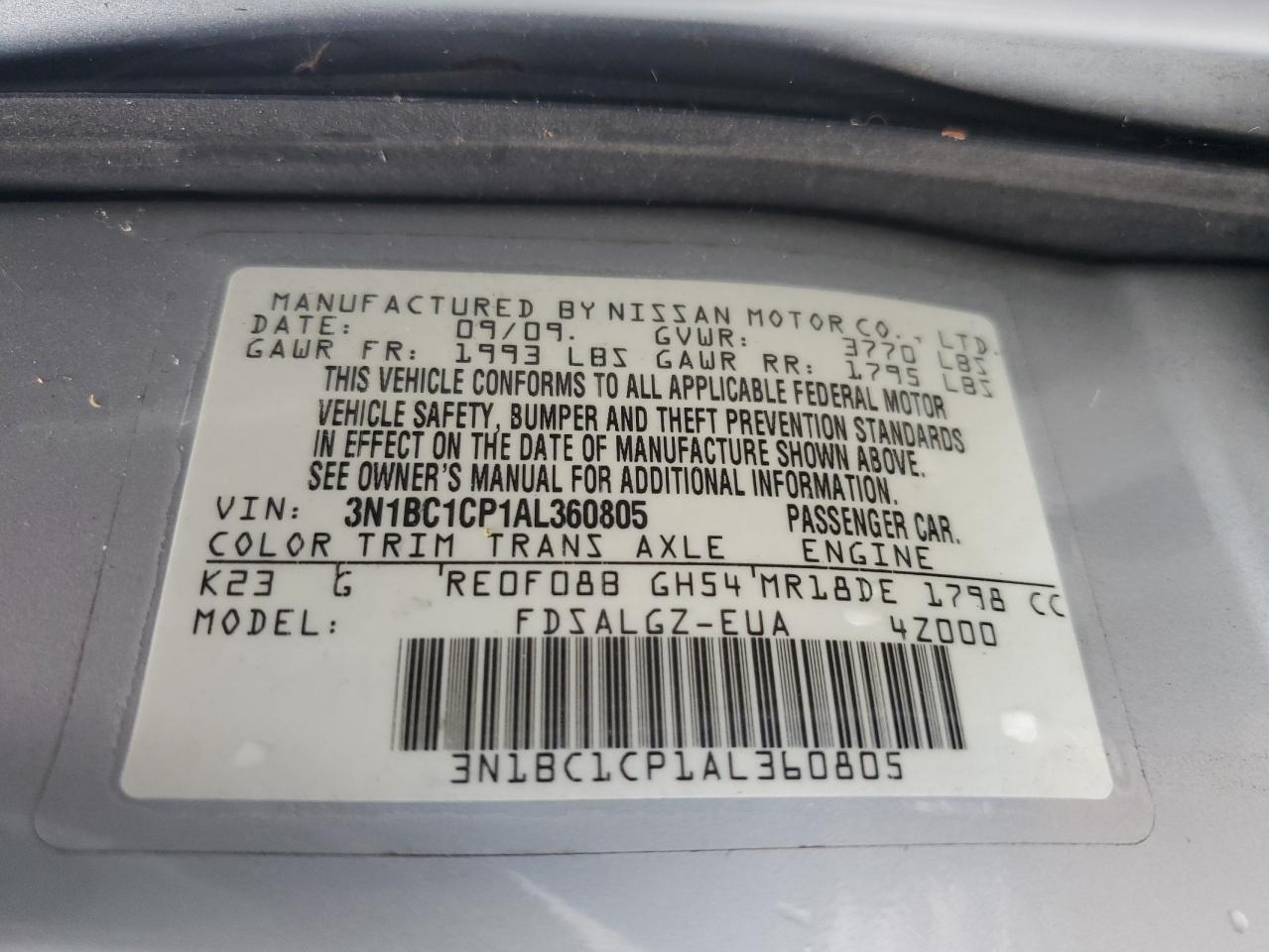2010 Nissan Versa S VIN: 3N1BC1CP1AL360805 Lot: 63567945