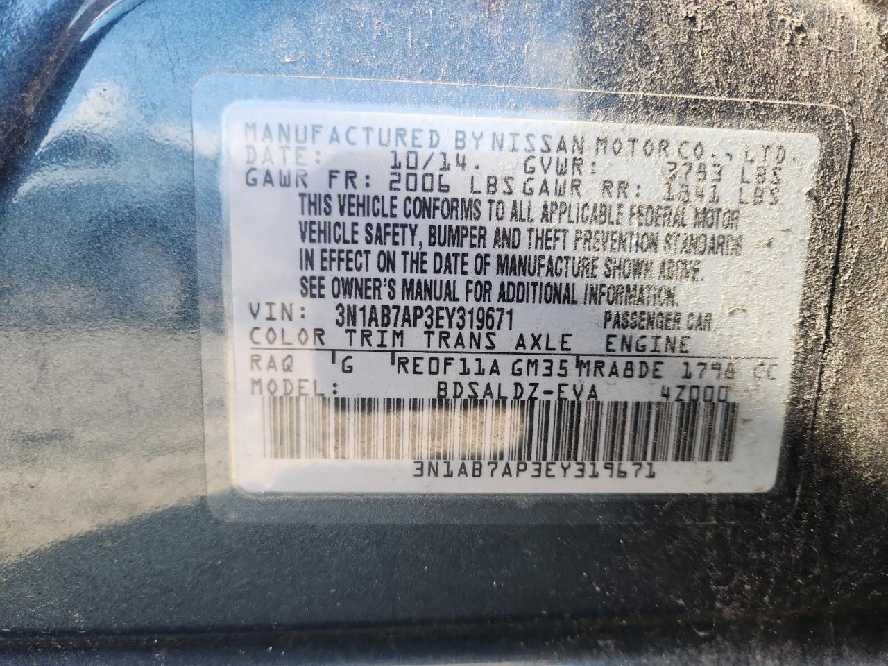 2014 Nissan Sentra S VIN: 3N1AB7AP3EY319671 Lot: 64635505