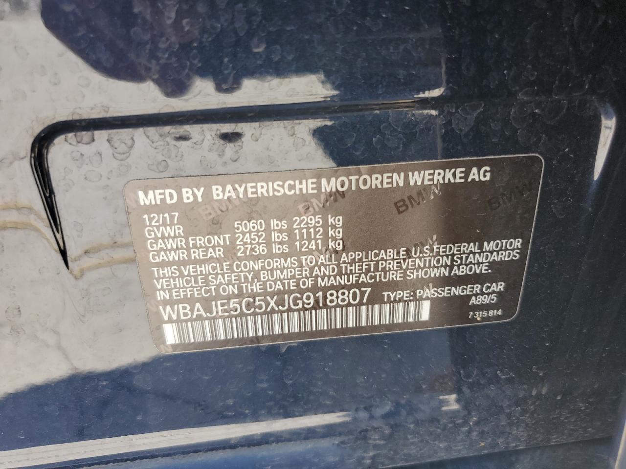 2018 BMW 540 I VIN: WBAJE5C5XJG918807 Lot: 64491005