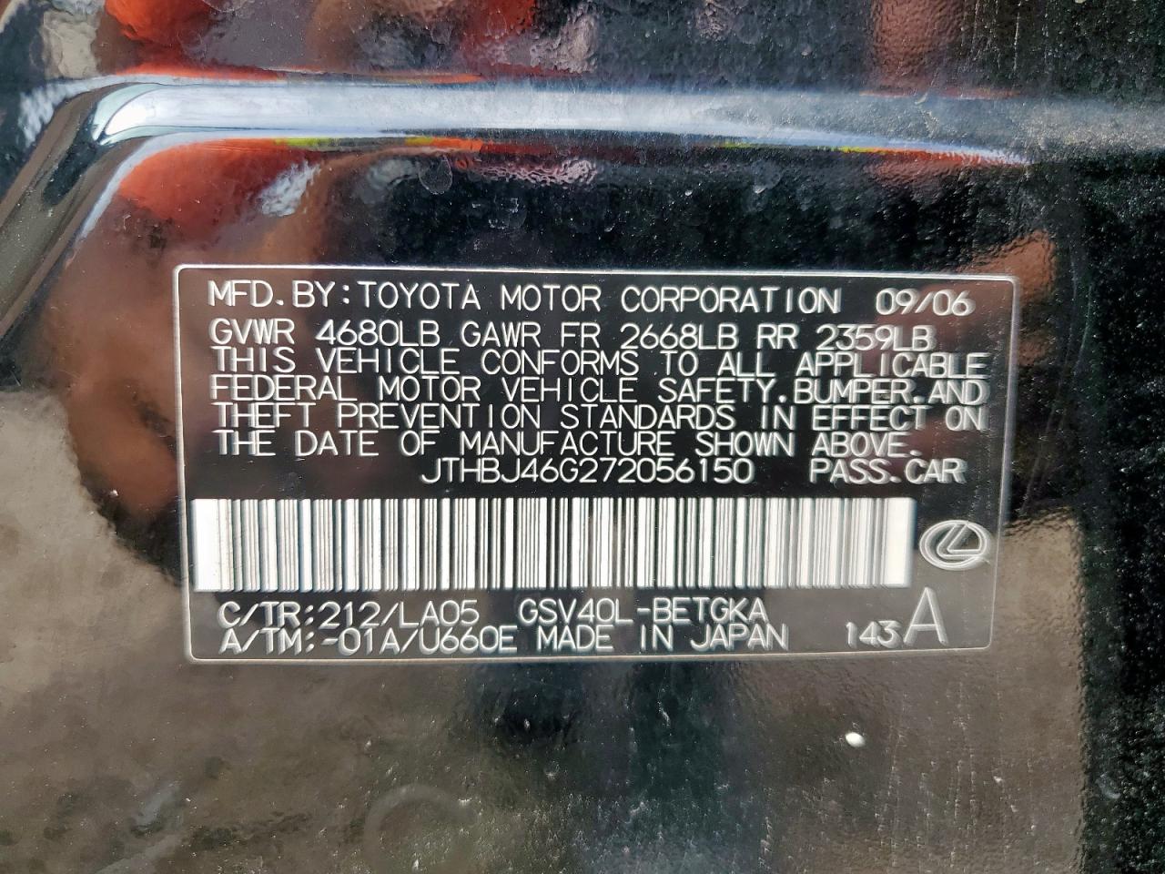 2007 Lexus Es 350 VIN: JTHBJ46G272056150 Lot: 63472365