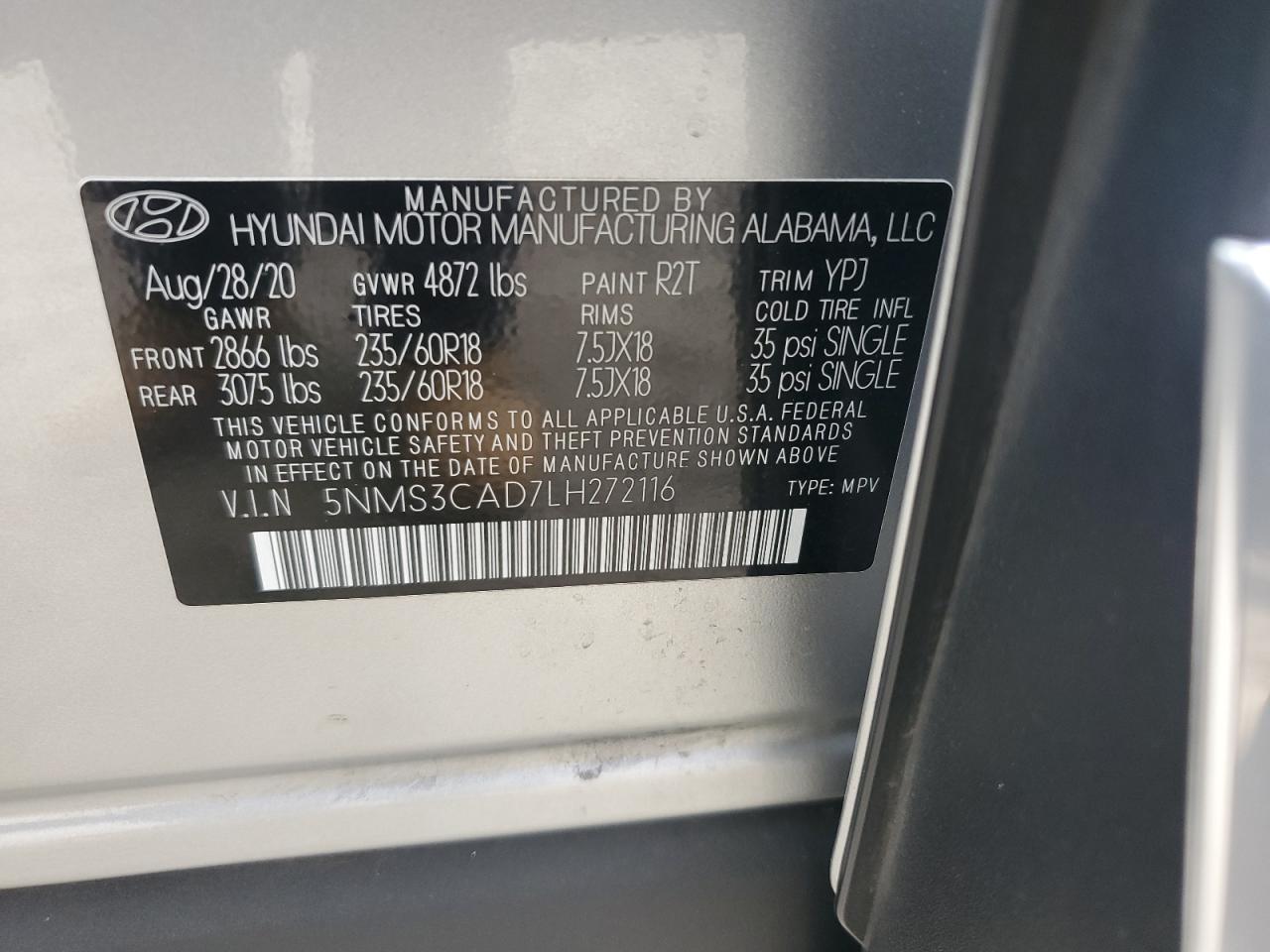2020 Hyundai Santa Fe Sel VIN: 5NMS3CAD7LH272116 Lot: 63349965