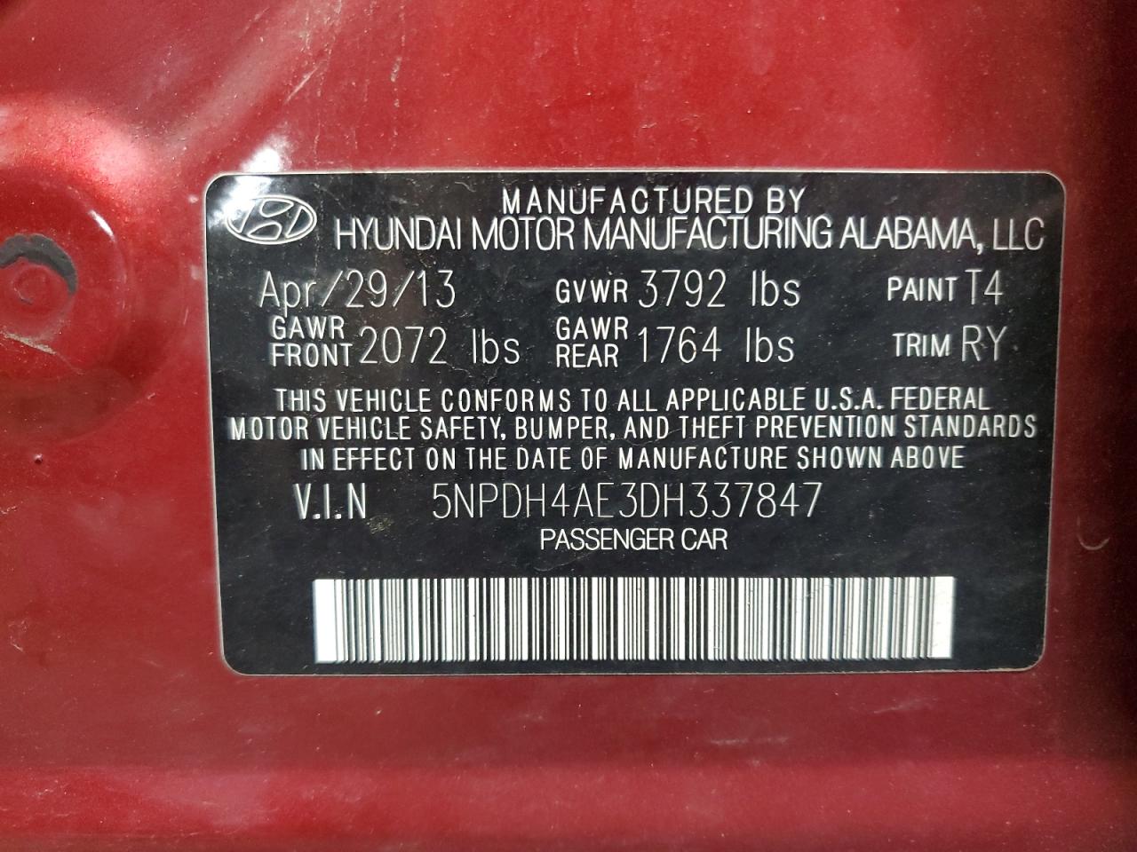 2013 Hyundai Elantra Gls VIN: 5NPDH4AE3DH337847 Lot: 66554375