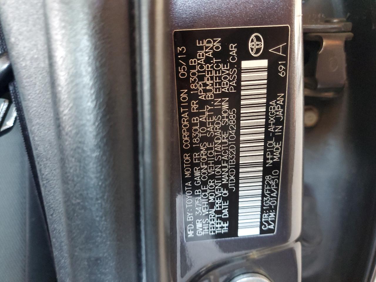 2013 Toyota Prius C VIN: JTDKDTB32D1042885 Lot: 63251705