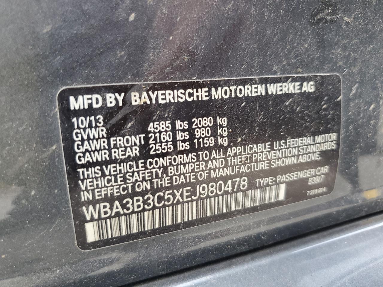 2014 BMW 328 Xi VIN: WBA3B3C5XEJ980478 Lot: 64484785