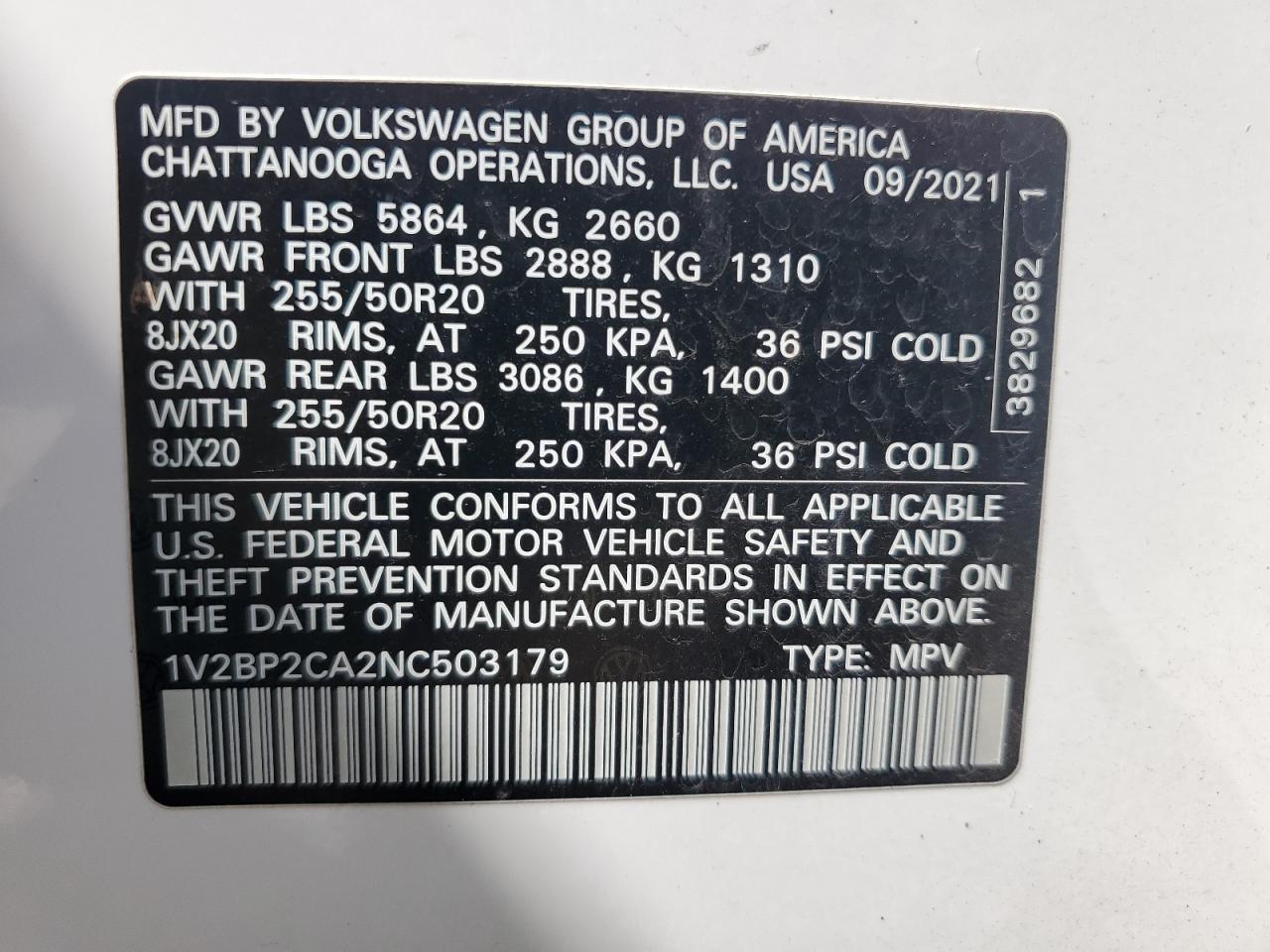 2022 Volkswagen Atlas Sel VIN: 1V2BP2CA2NC503179 Lot: 64628075