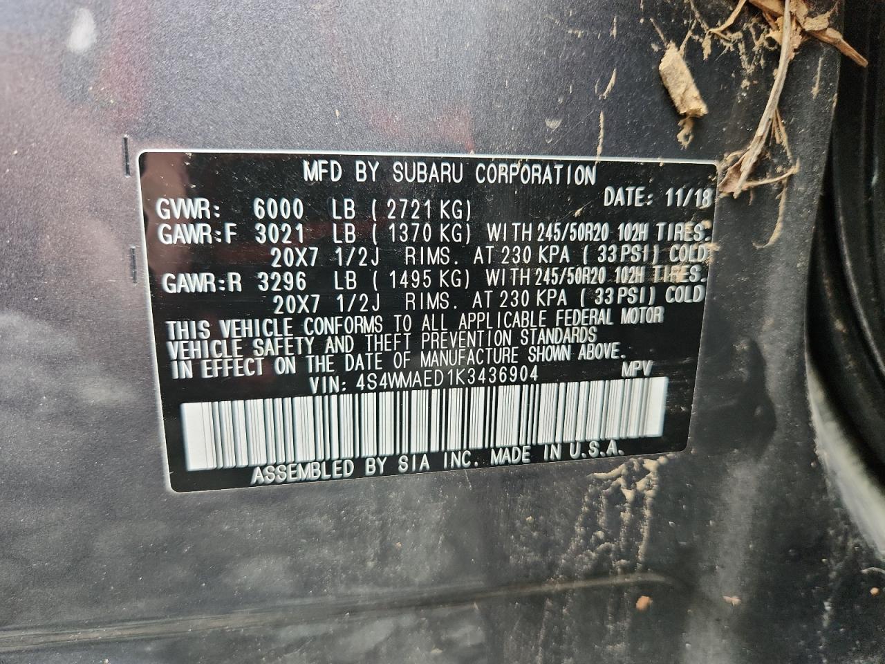 2019 Subaru Ascent Premium VIN: 4S4WMAED1K3436904 Lot: 64030085