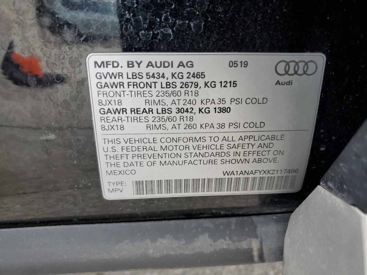 2019 Audi Q5 Premium VIN: WA1ANAFYXK2117496 Lot: 65332595