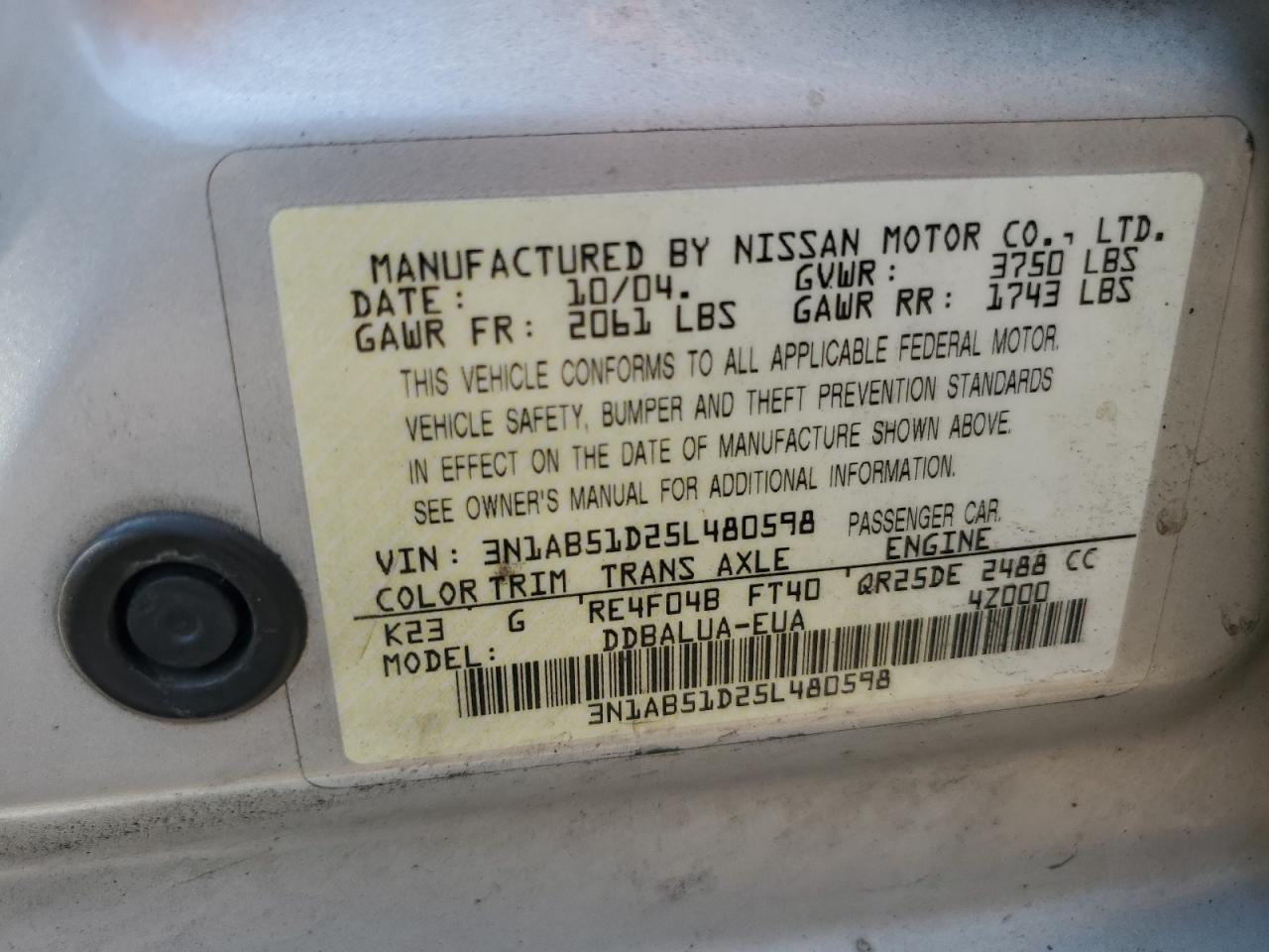 2005 Nissan Sentra Se-R Spec V VIN: 3N1AB51D25L480598 Lot: 65192605