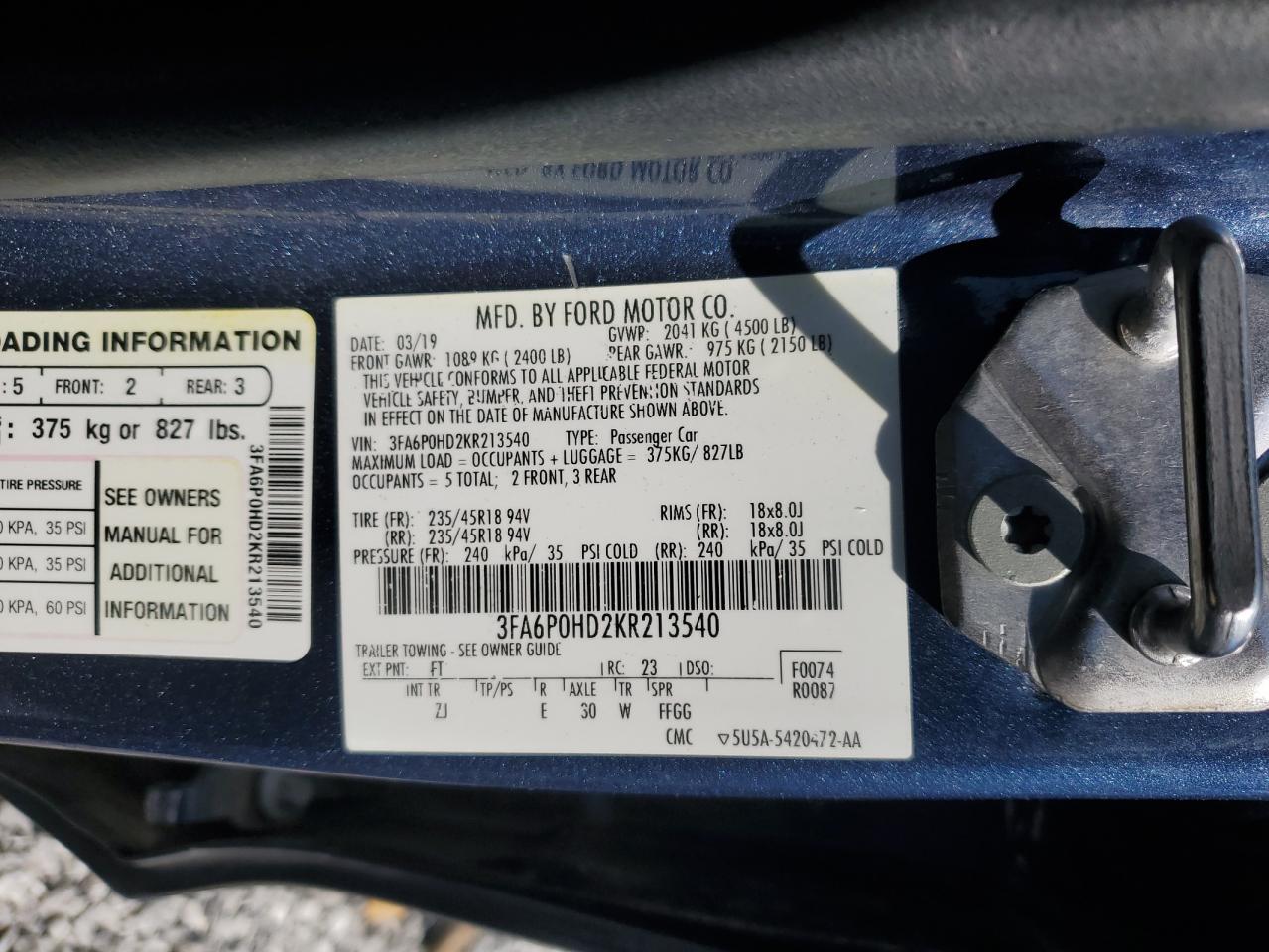 2019 Ford Fusion Se VIN: 3FA6P0HD2KR213540 Lot: 66120255