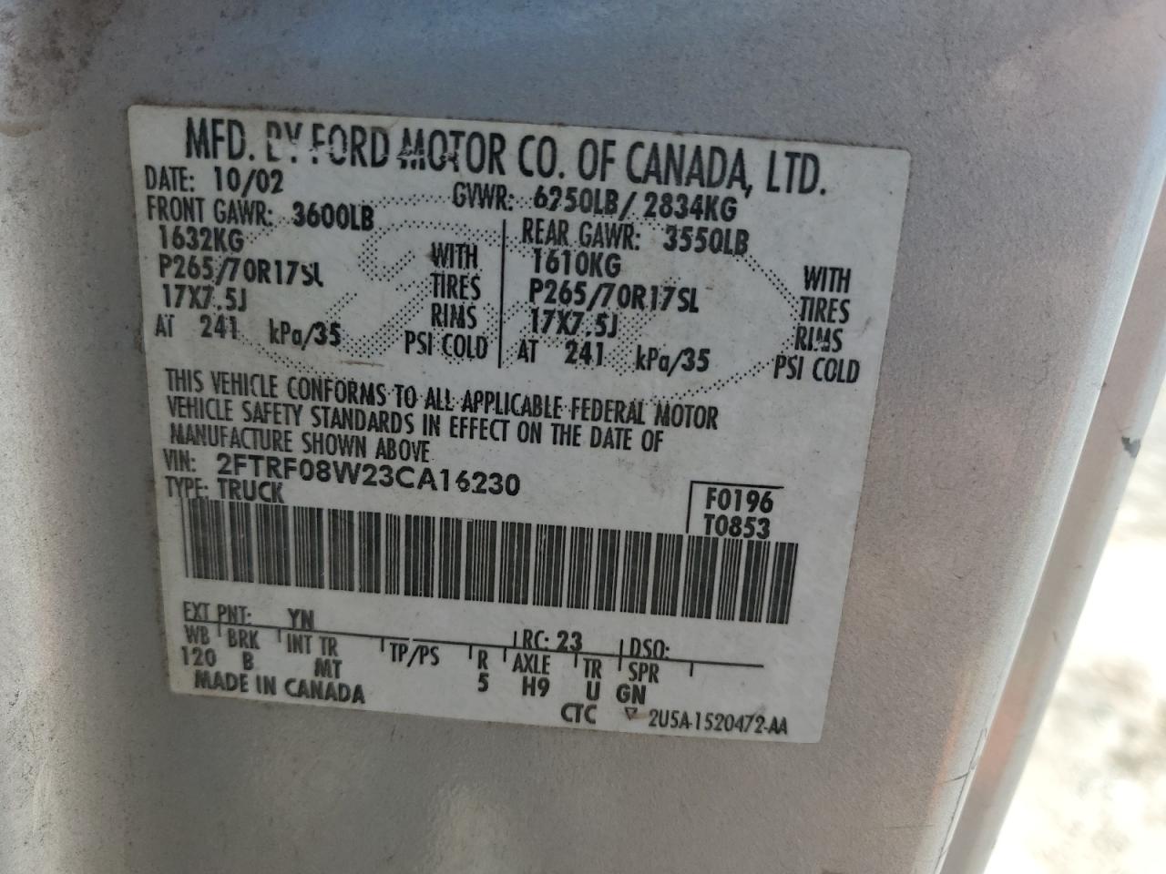 2003 Ford F150 VIN: 2FTRF08W23CA16230 Lot: 66487865