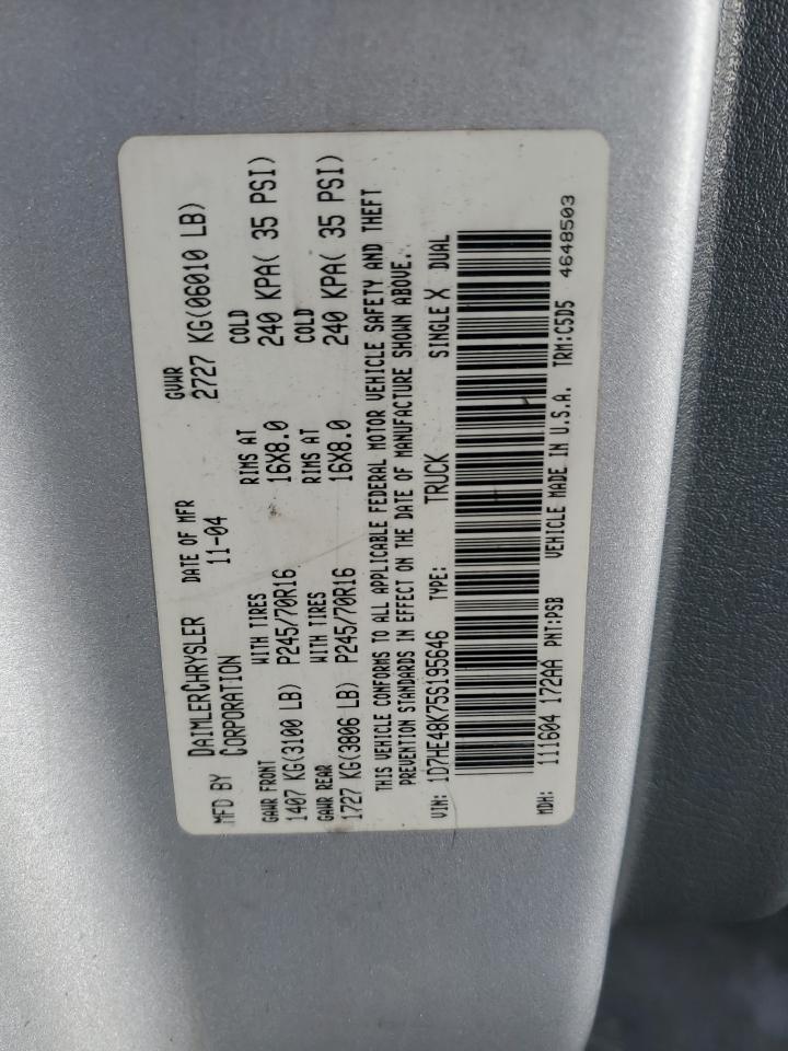 2005 Dodge Dakota Quad Slt VIN: 1D7HE48K75S195646 Lot: 63781995