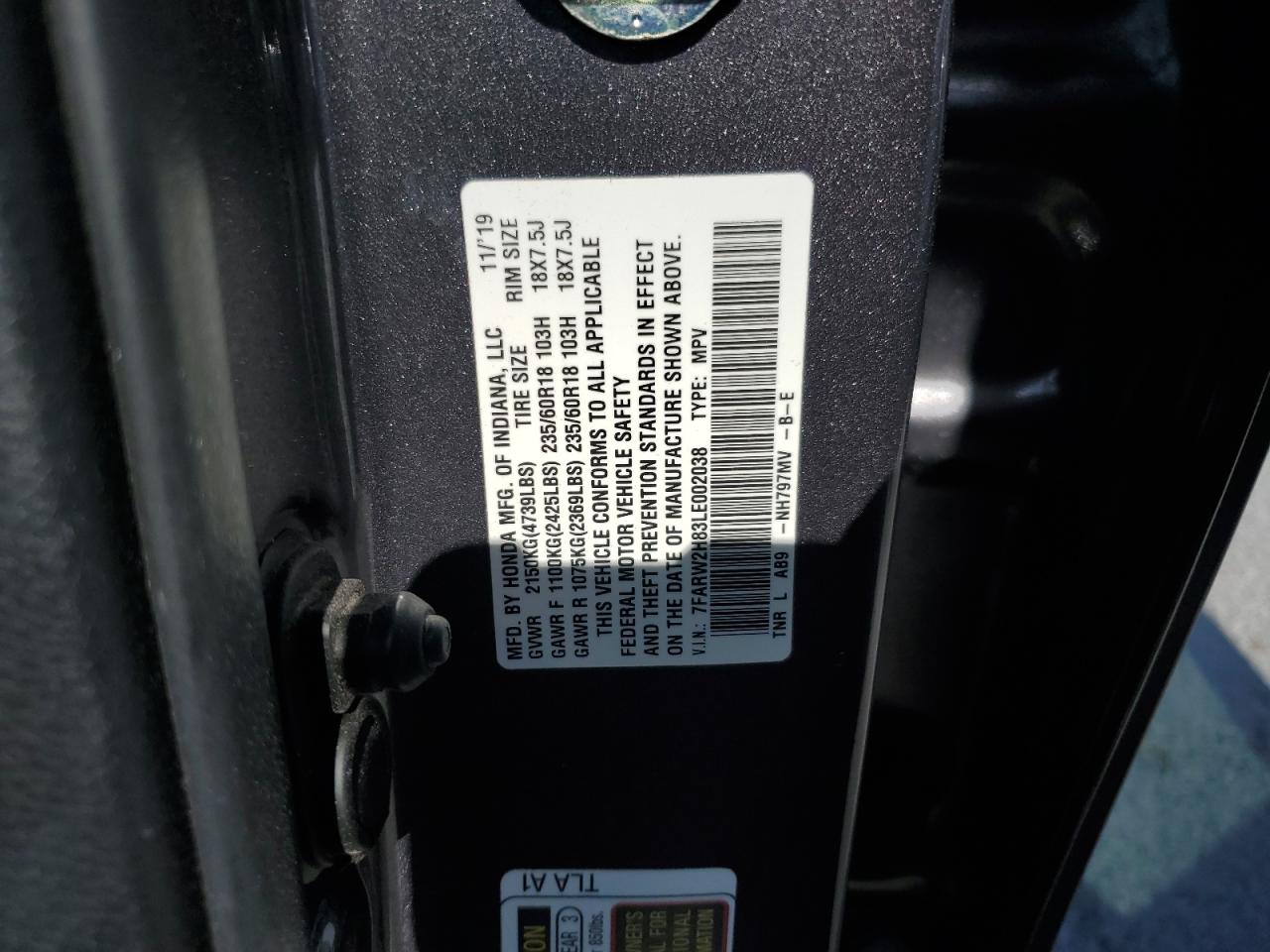 2020 Honda Cr-V Exl VIN: 7FARW2H83LE002038 Lot: 65959405