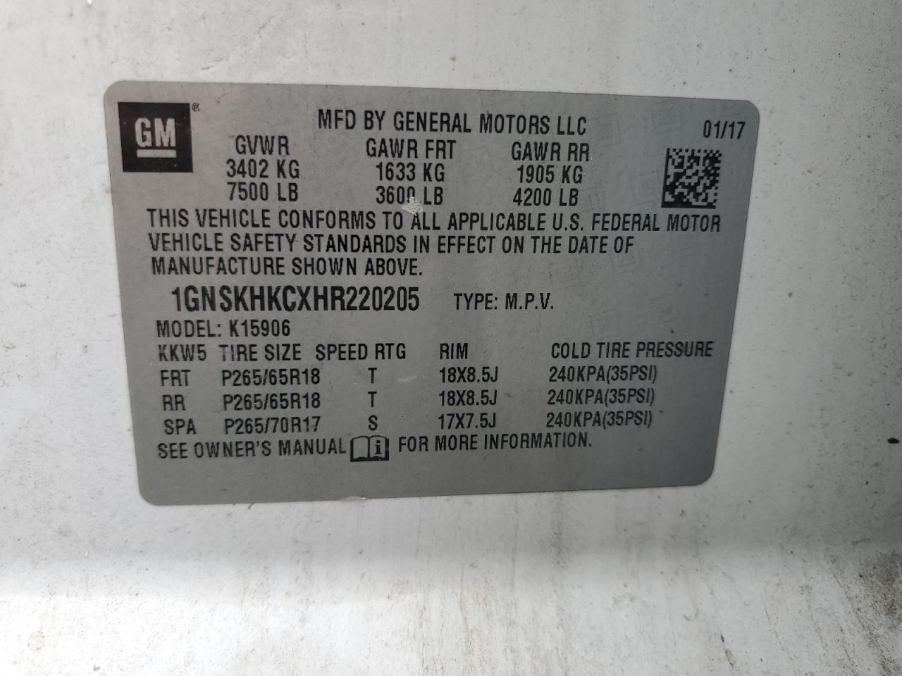 2017 Chevrolet Suburban K1500 Lt VIN: 1GNSKHKCXHR220205 Lot: 64432615