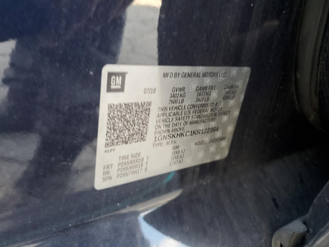 2019 Chevrolet Suburban K1500 Lt VIN: 1GNSKHKC1KR122364 Lot: 63829175