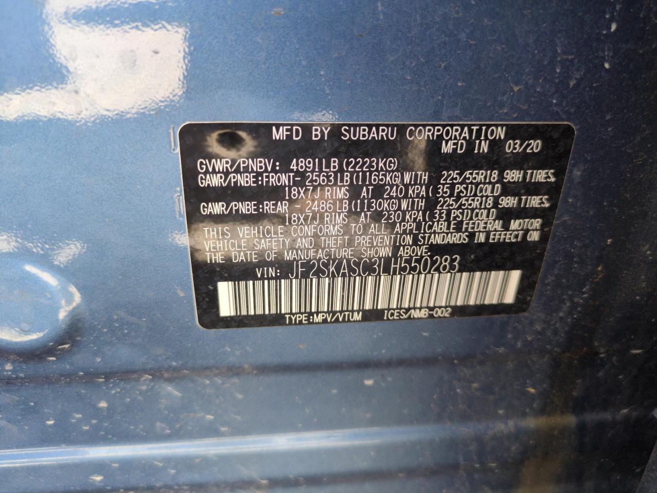 2020 Subaru Forester Limited VIN: JF2SKASC3LH550283 Lot: 64728615