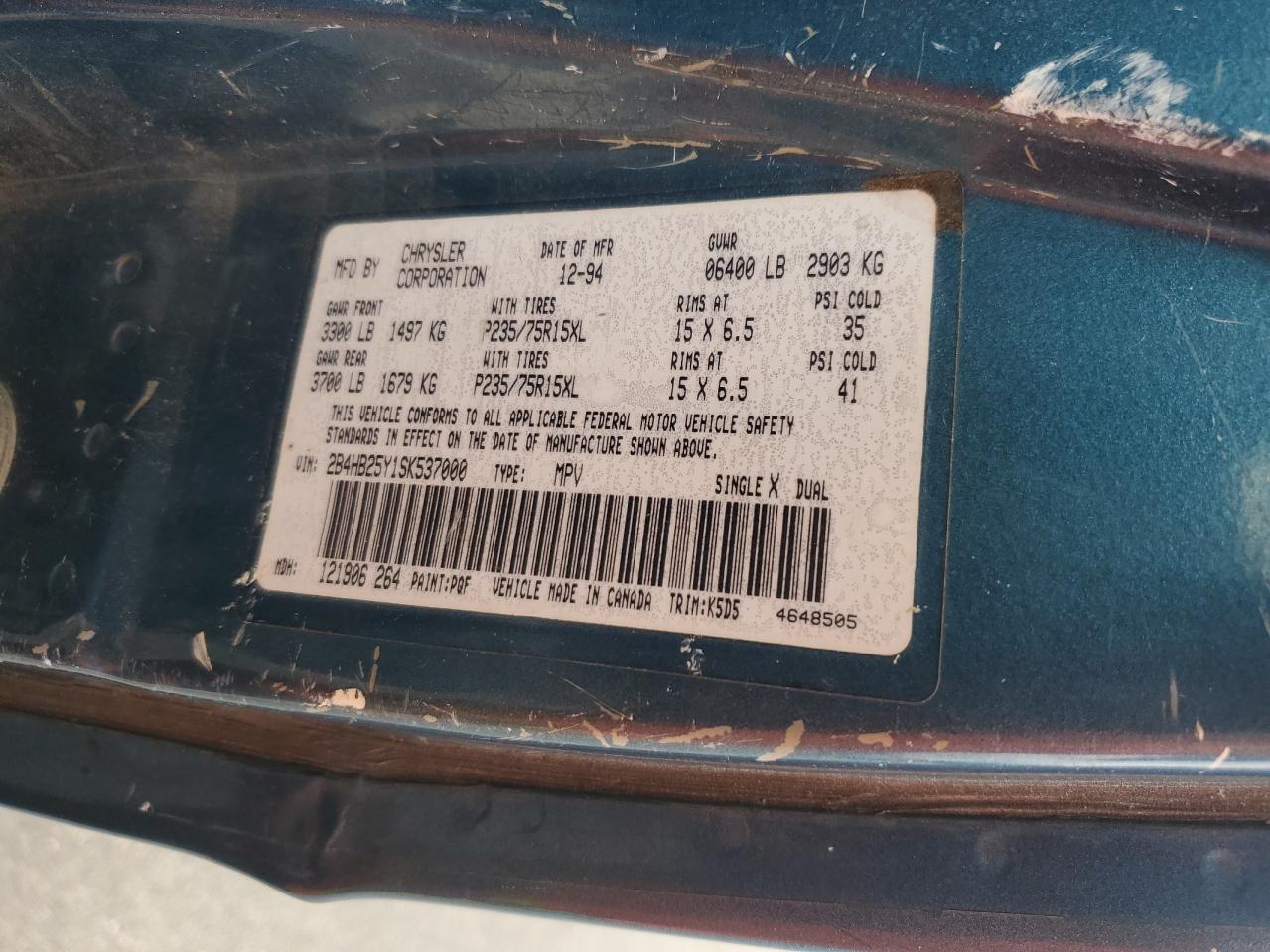 1998 Dodge Ram Wagon B2500 VIN: 2B4HB25Y1SK537000 Lot: 63938685