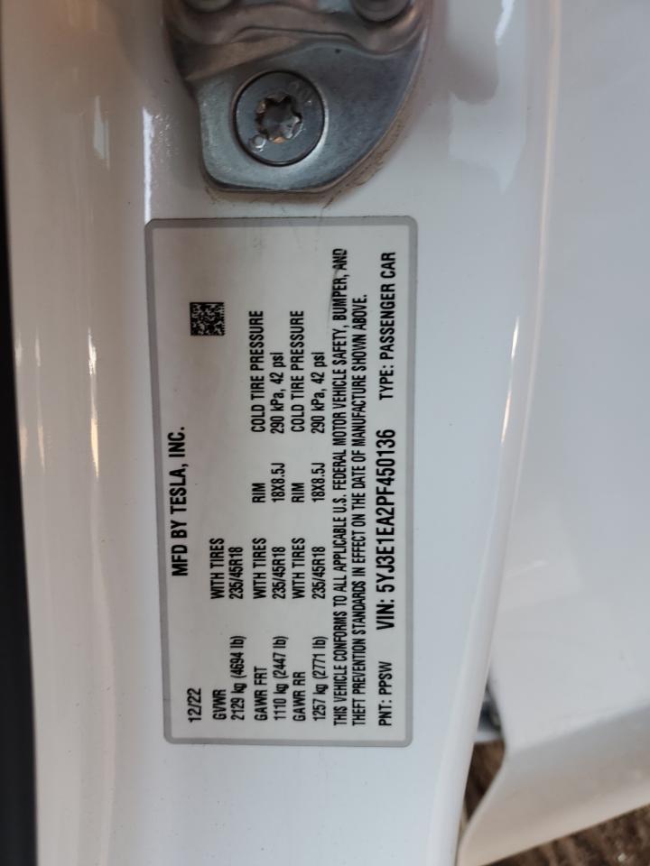 2023 Tesla Model 3 VIN: 5YJ3E1EA2PF450136 Lot: 65262235