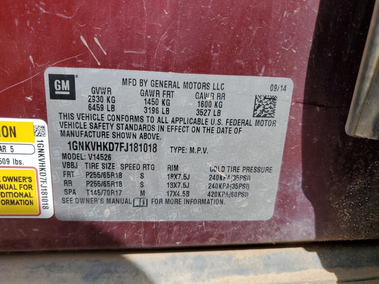 2015 Chevrolet Traverse Lt VIN: 1GNKVHKD7FJ181018 Lot: 64446025