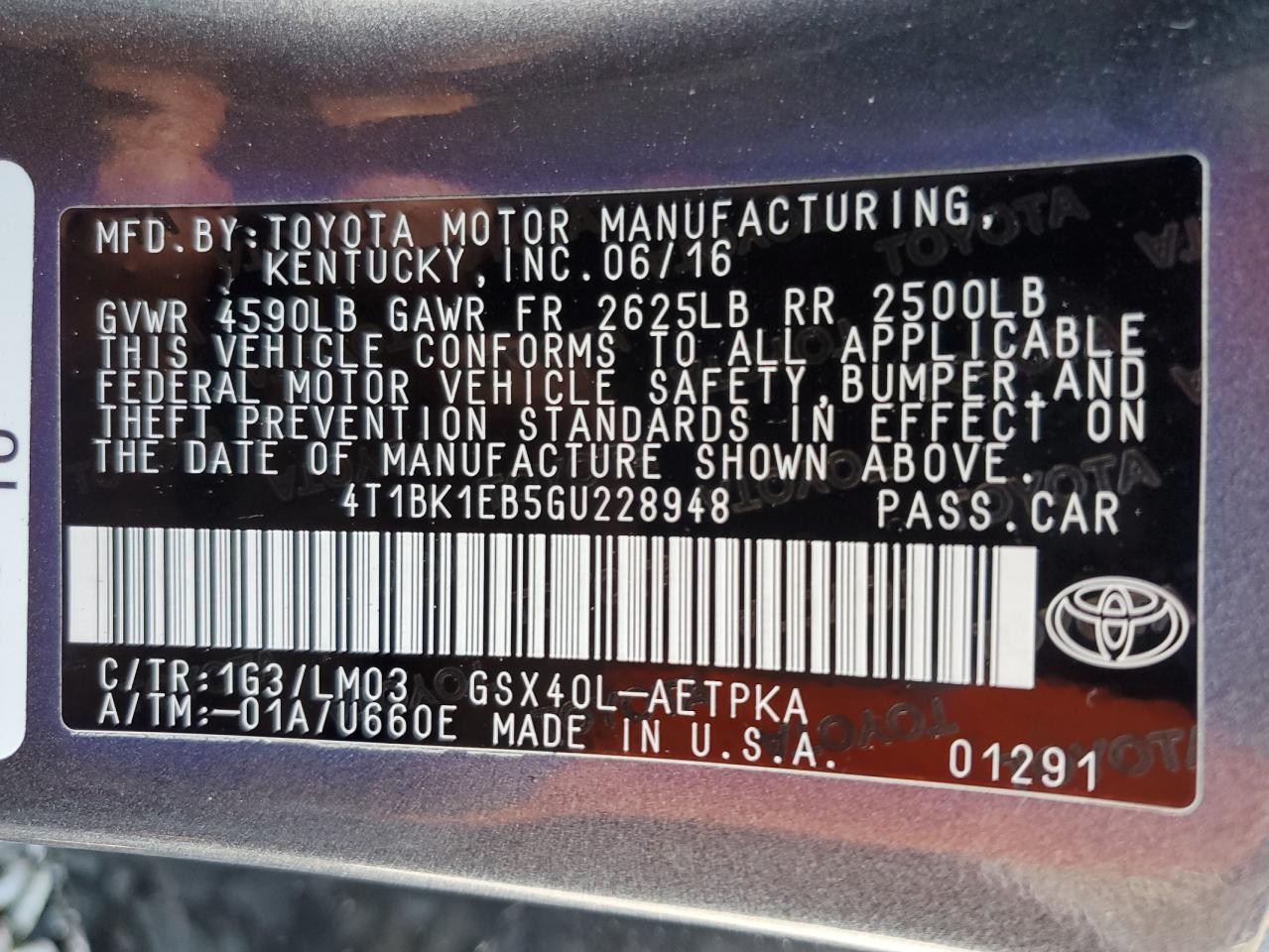 2016 Toyota Avalon Xle VIN: 4T1BK1EB5GU228948 Lot: 63642155