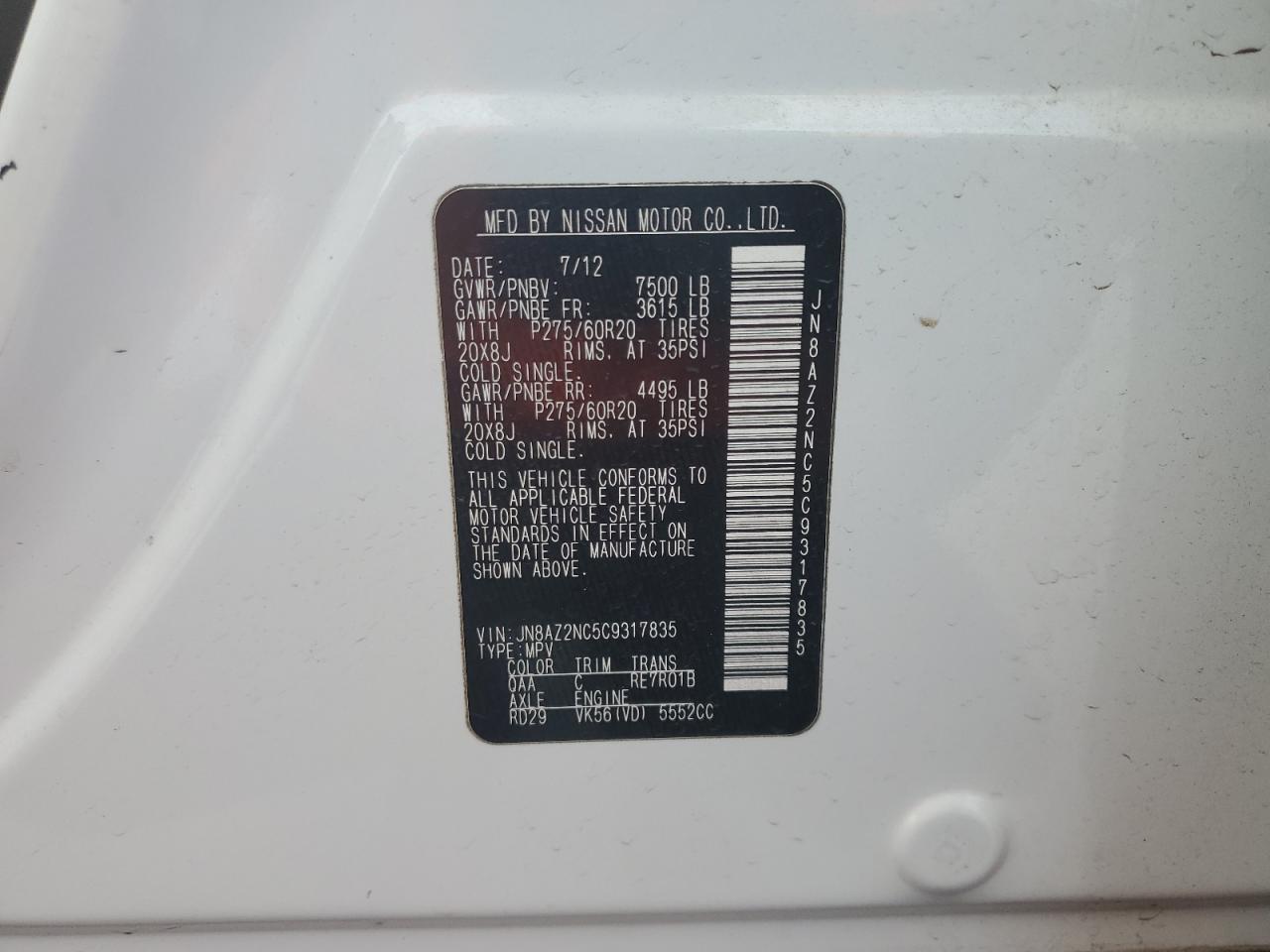 2012 Infiniti Qx56 VIN: JN8AZ2NC5C9317835 Lot: 63424335