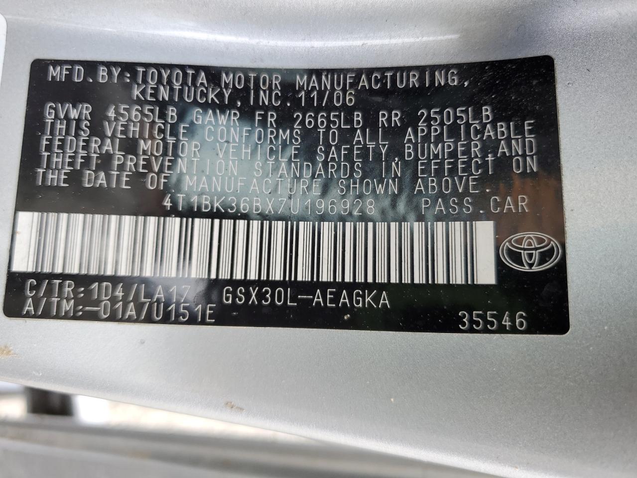 2007 Toyota Avalon Xl VIN: 4T1BK36BX7U196928 Lot: 64400995