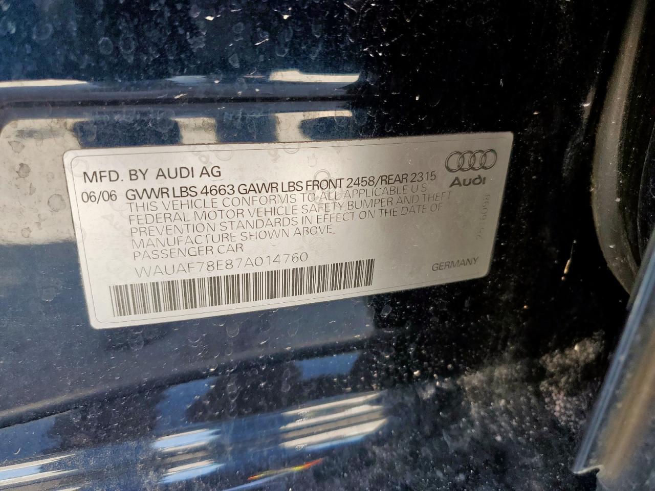 2007 Audi A4 2 VIN: WAUAF78E87A014760 Lot: 64585575