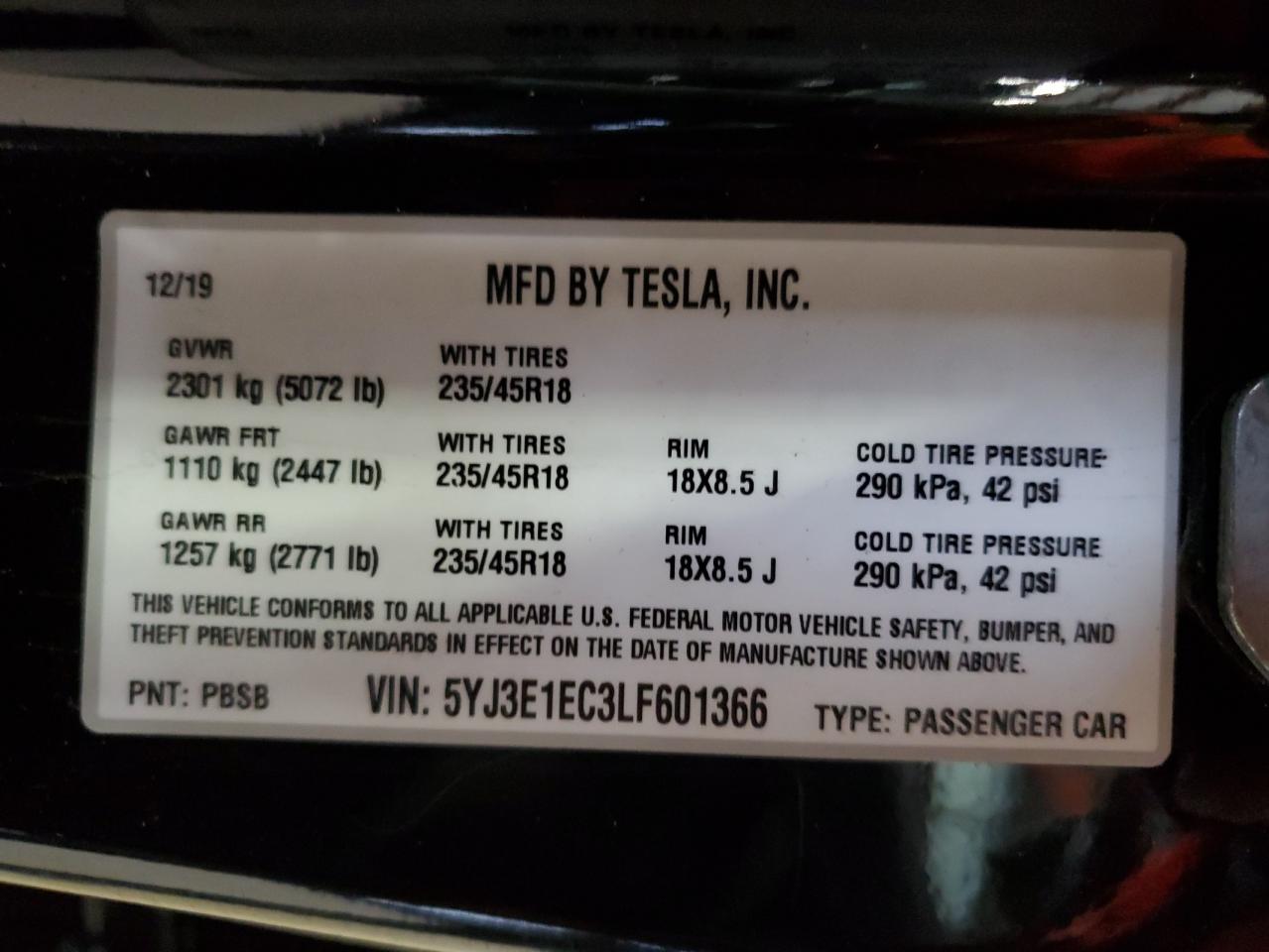 2020 Tesla Model 3 VIN: 5YJ3E1EC3LF601366 Lot: 63086845