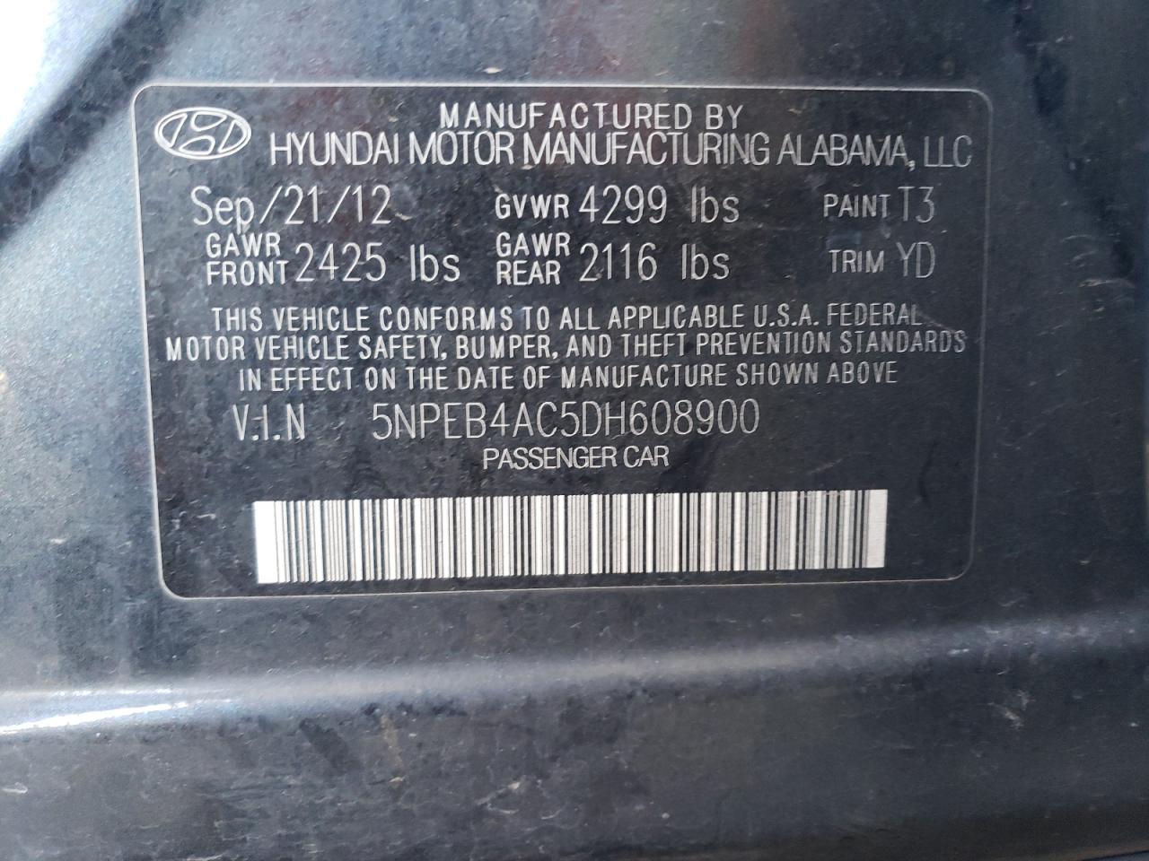2013 Hyundai Sonata Gls VIN: 5NPEB4AC5DH608900 Lot: 64617045