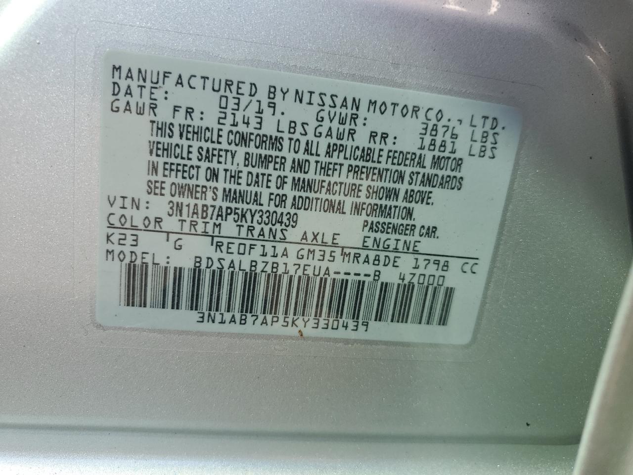 2019 Nissan Sentra S VIN: 3N1AB7AP5KY330439 Lot: 65522475